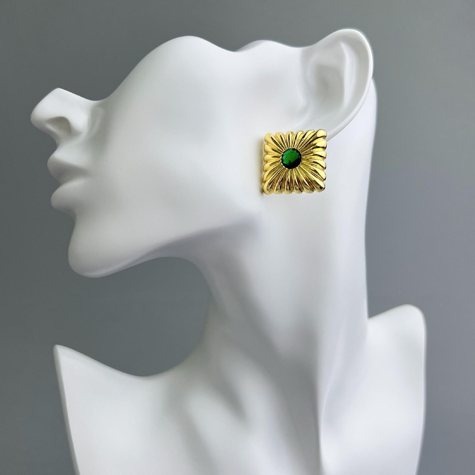 French Gold Vein Earrings Vintage Geometric Square Design Studs - Janefur