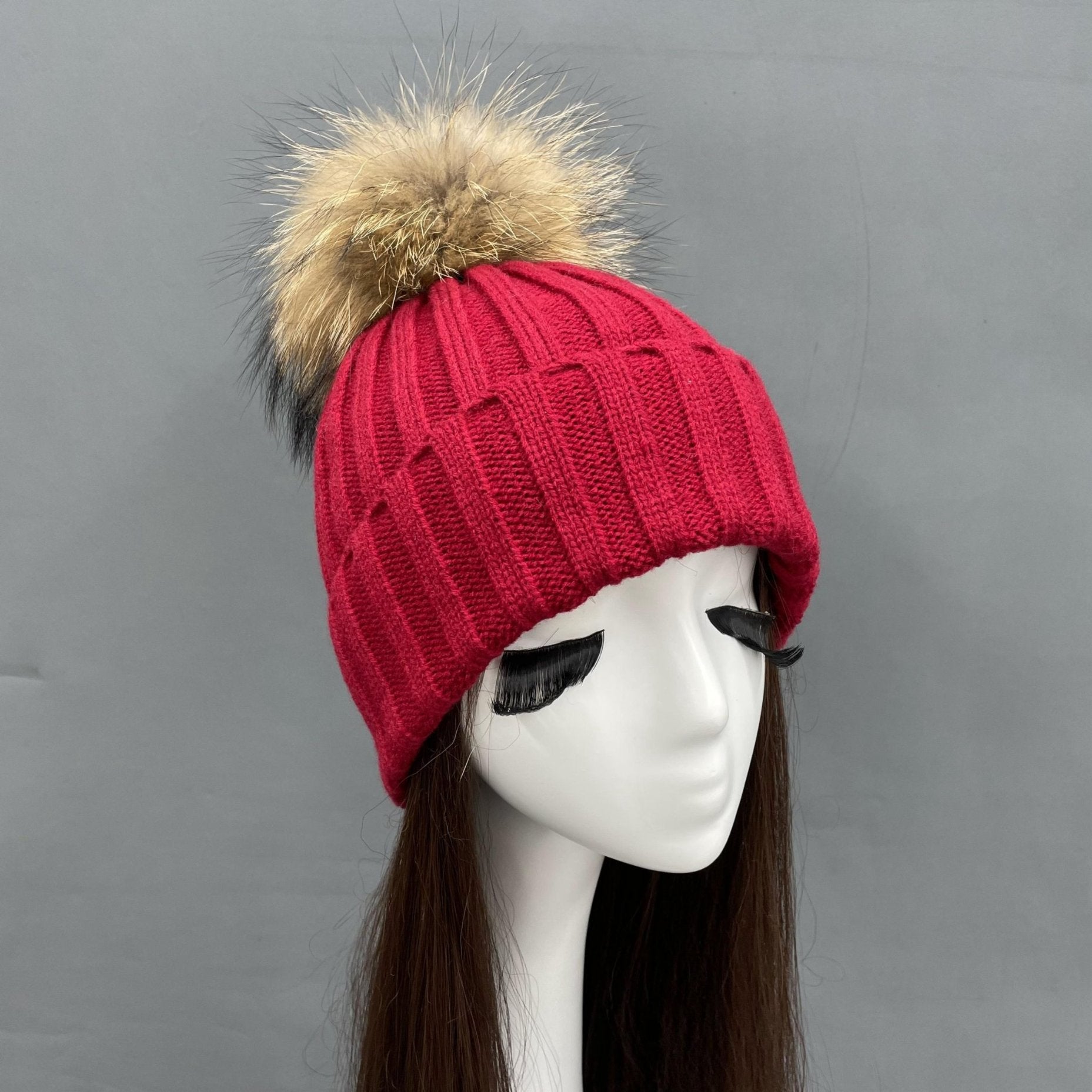 New Fall And Winter Striped With Fur Pom Pom Acrylic Hat - Janefur