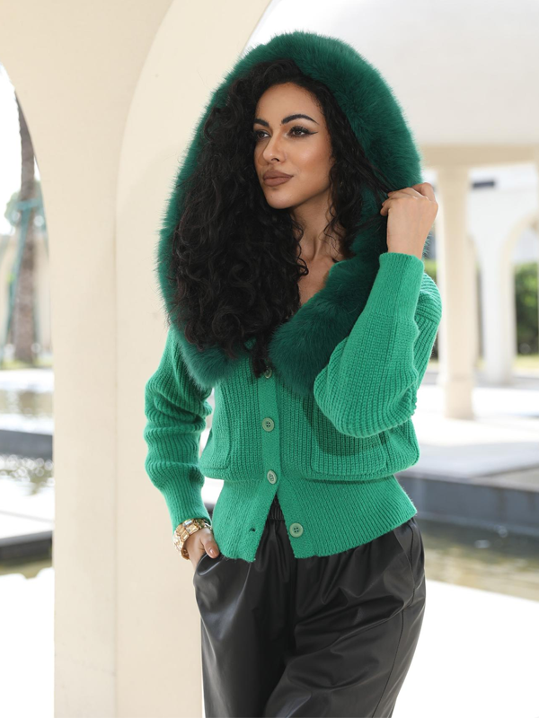 Women's Knitted Hooded Faux Fur Collar Active Fashion Jacket - Janefur