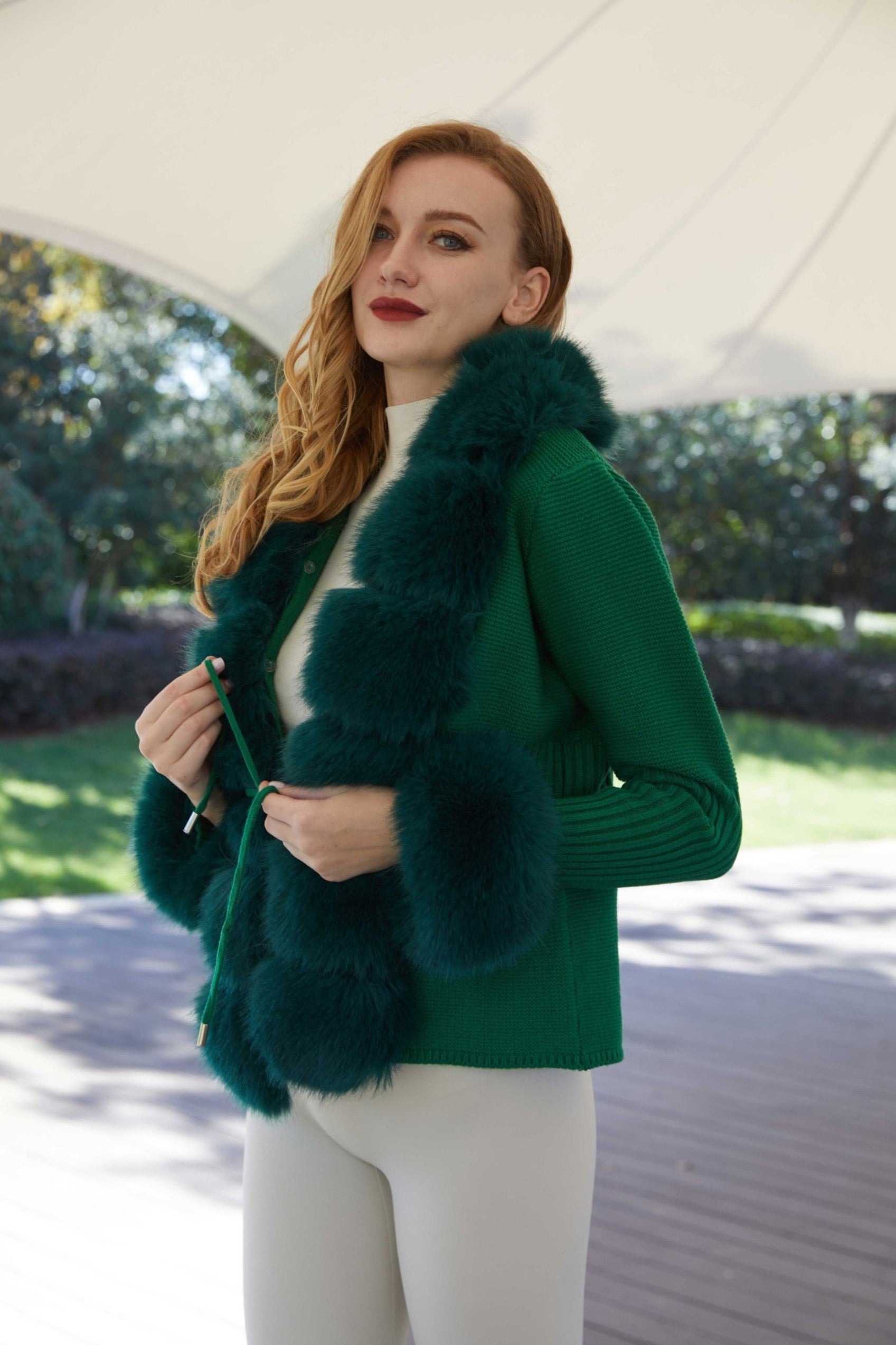 Women's Knitted Sweater Coat Cuff Placket with Eco-Fur Faux Fur - Janefur