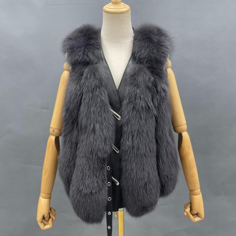 Vertical Stripe Buckle Decorated Draped Fox Fur Vest (Short) - Janefur