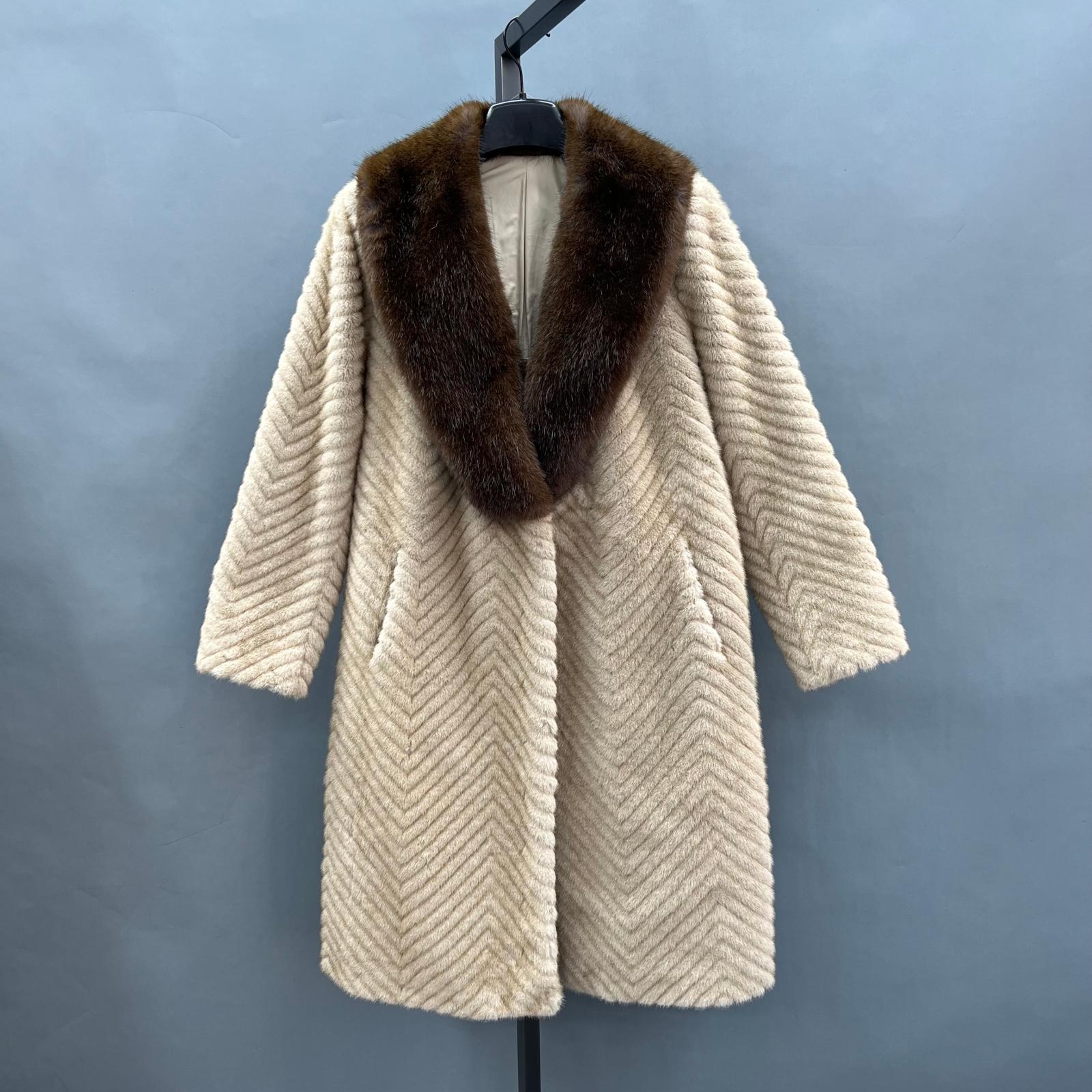 Women's Fashionable Lapel Herringbone Faux Mink Eco Fur Coat - Janefur