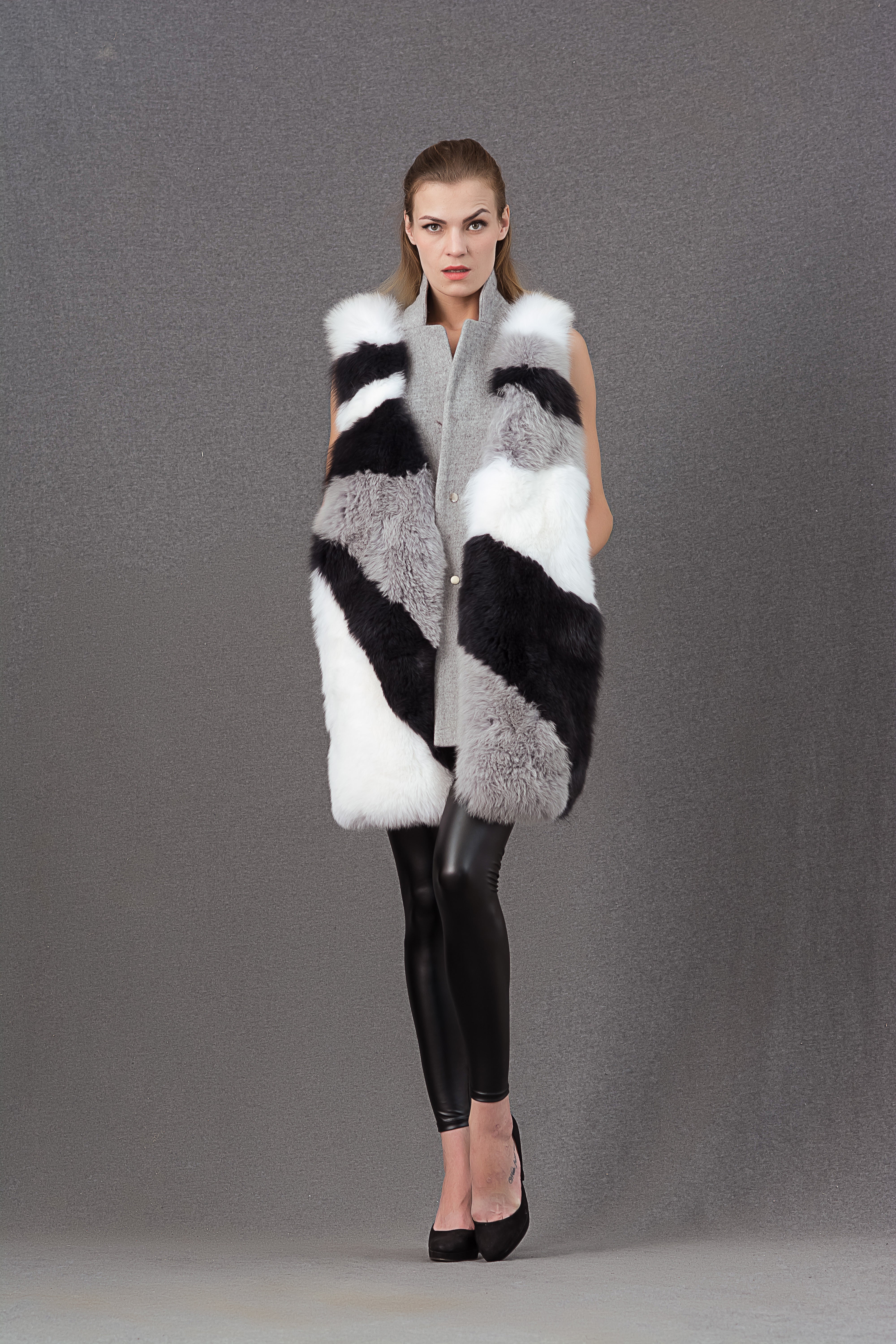 Janefur 2026 Ladies' Classic Black & White & Light Gray Real Fox Fur Tri-Patchwork Vest Wholesale #1 Image Color