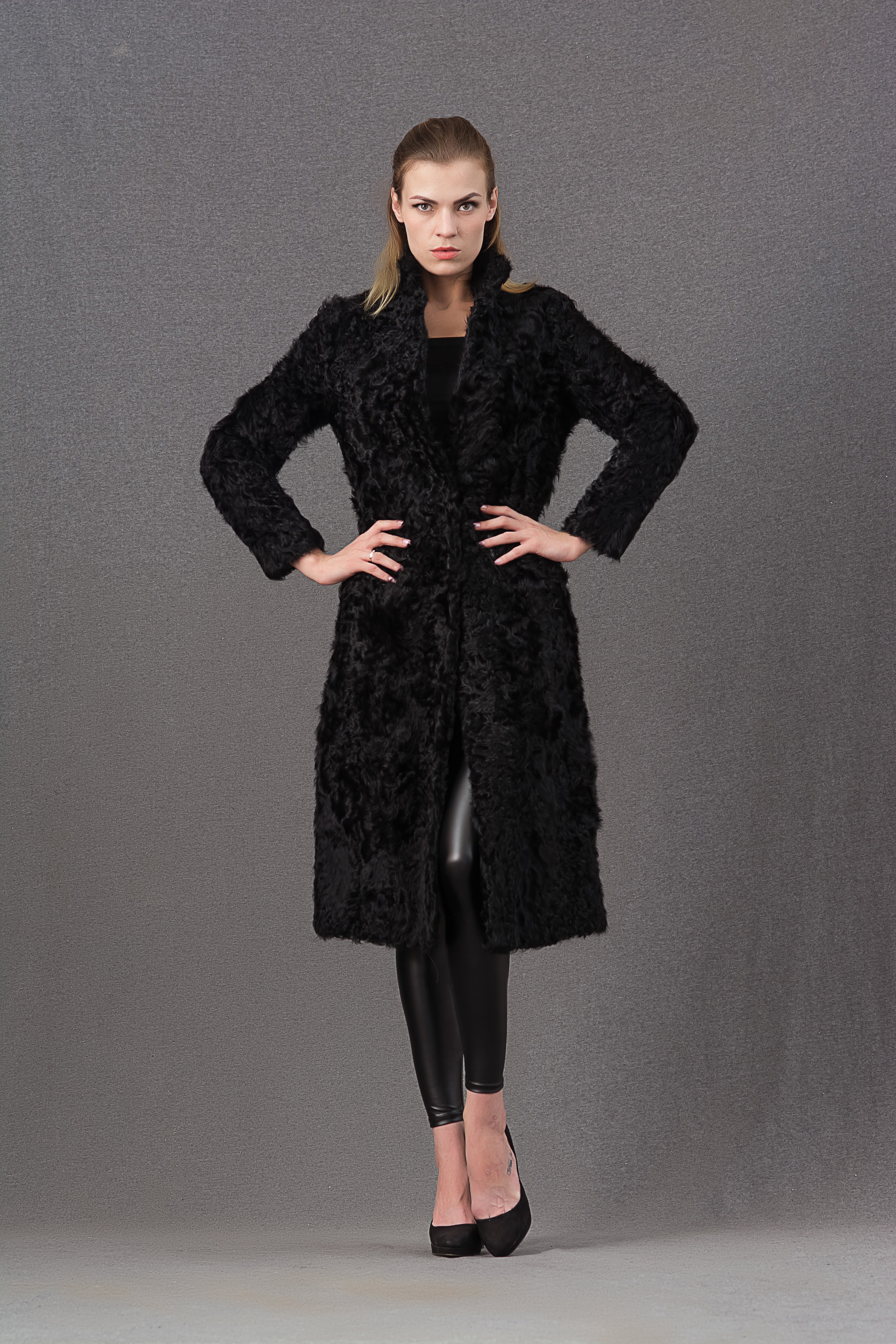 Janefur Wholesale 2026 Women's Luxury Warm Black & Gray Real Lamb Fur Long Coat Bulk Supply #1 Black