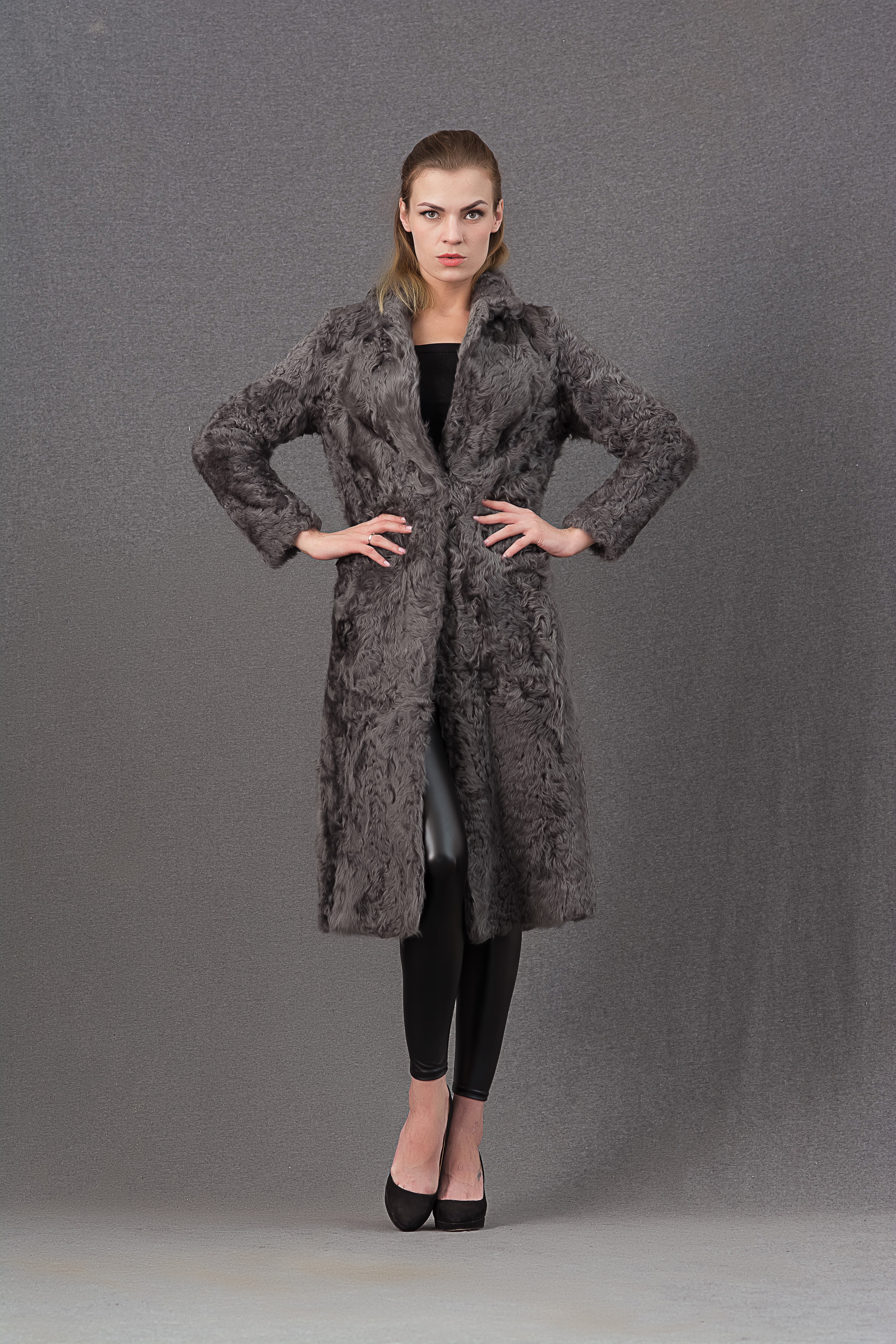 Janefur Wholesale 2026 Women's Luxury Warm Black & Gray Real Lamb Fur Long Coat Bulk Supply #2 Gray