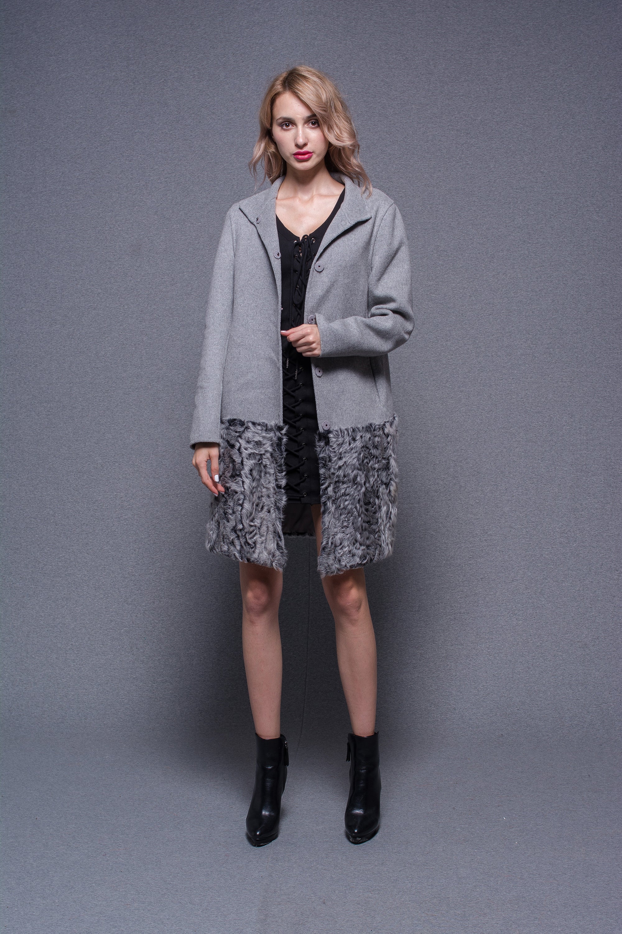 Janefur Wholesale 2026 Casual Long Wool Coat With Lamb Fur Hem Trim For Women #1 Light Gray