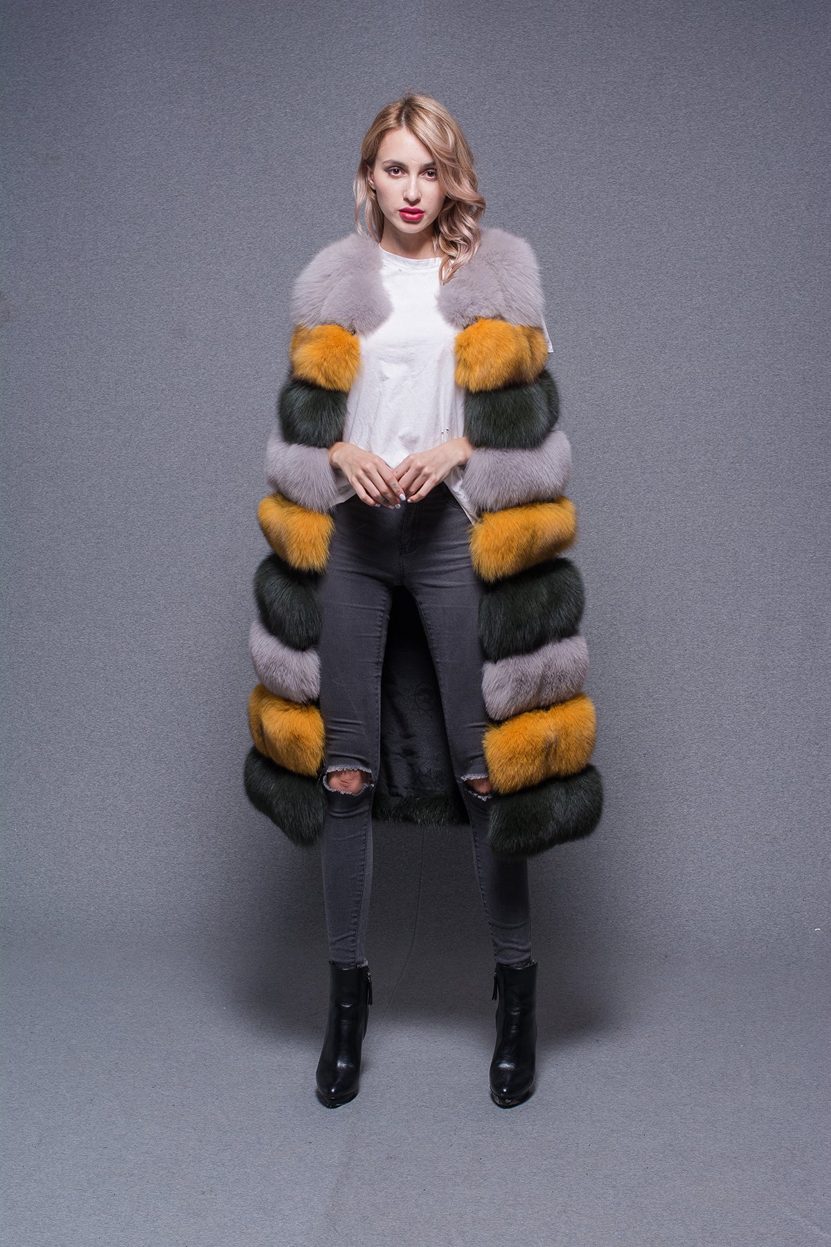 Janefur 2026 Wholesale Ladies' Durable Long Tri-Color Real Fox Fur Patchwork Vest With Detachable Hem #1 Image Color①