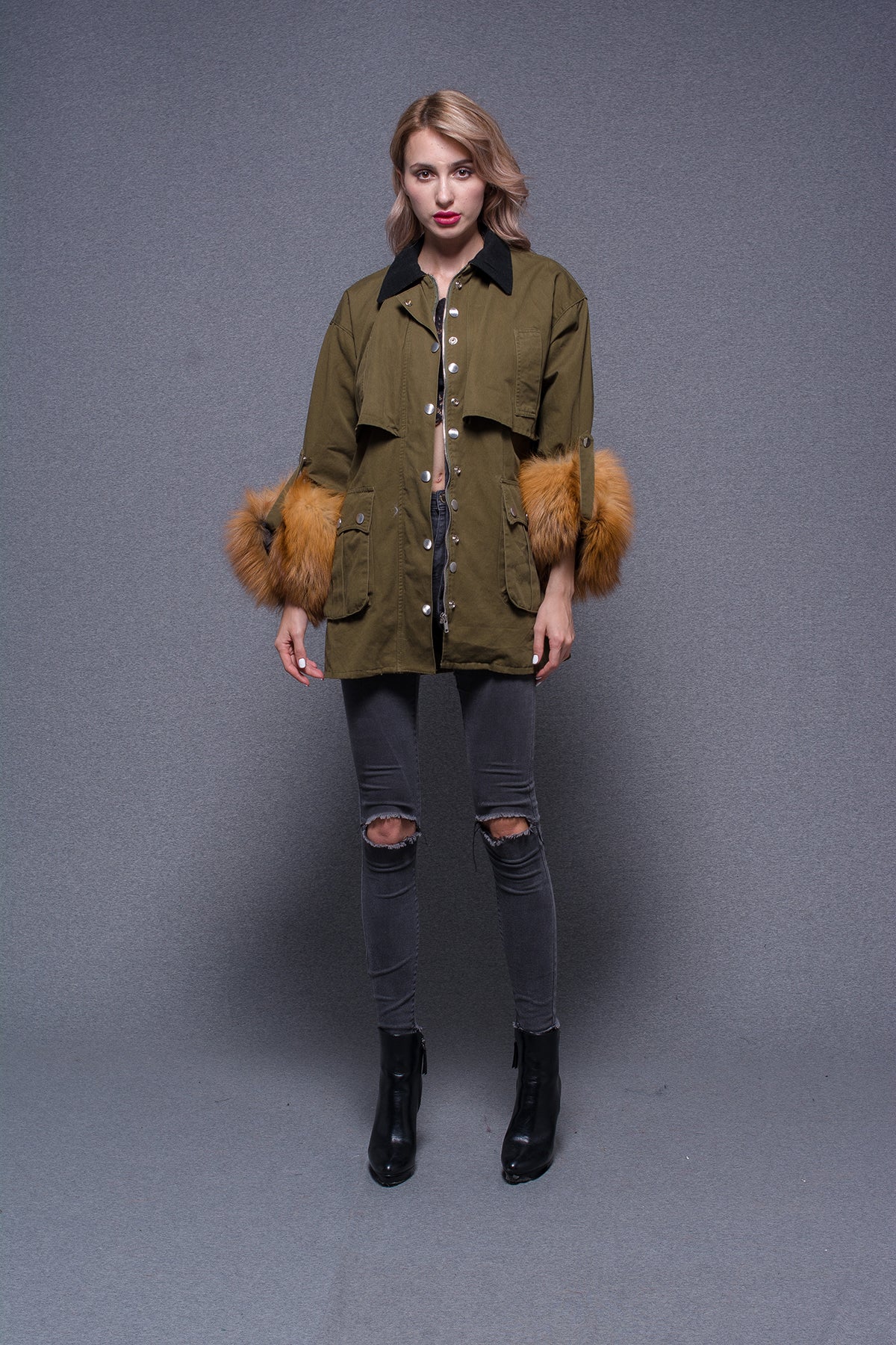 Janefur Wholesale 2026 Luxury Winter Outerwear Women's Casual Warm Parka With Real Red Fox Fur Cuffs #1 Army Green