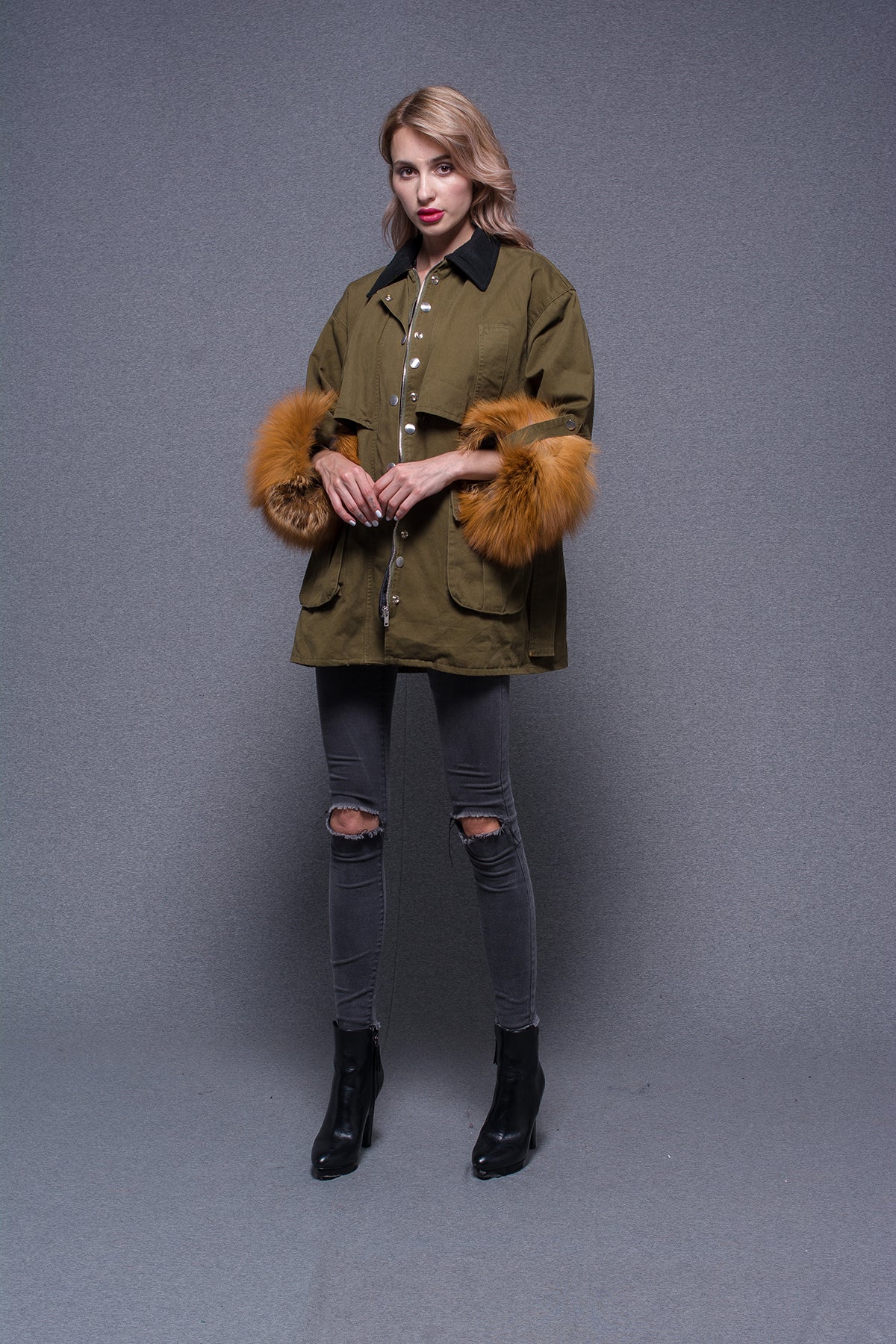 Janefur Wholesale 2026 Luxury Winter Outerwear Women's Casual Warm Parka With Real Red Fox Fur Cuffs