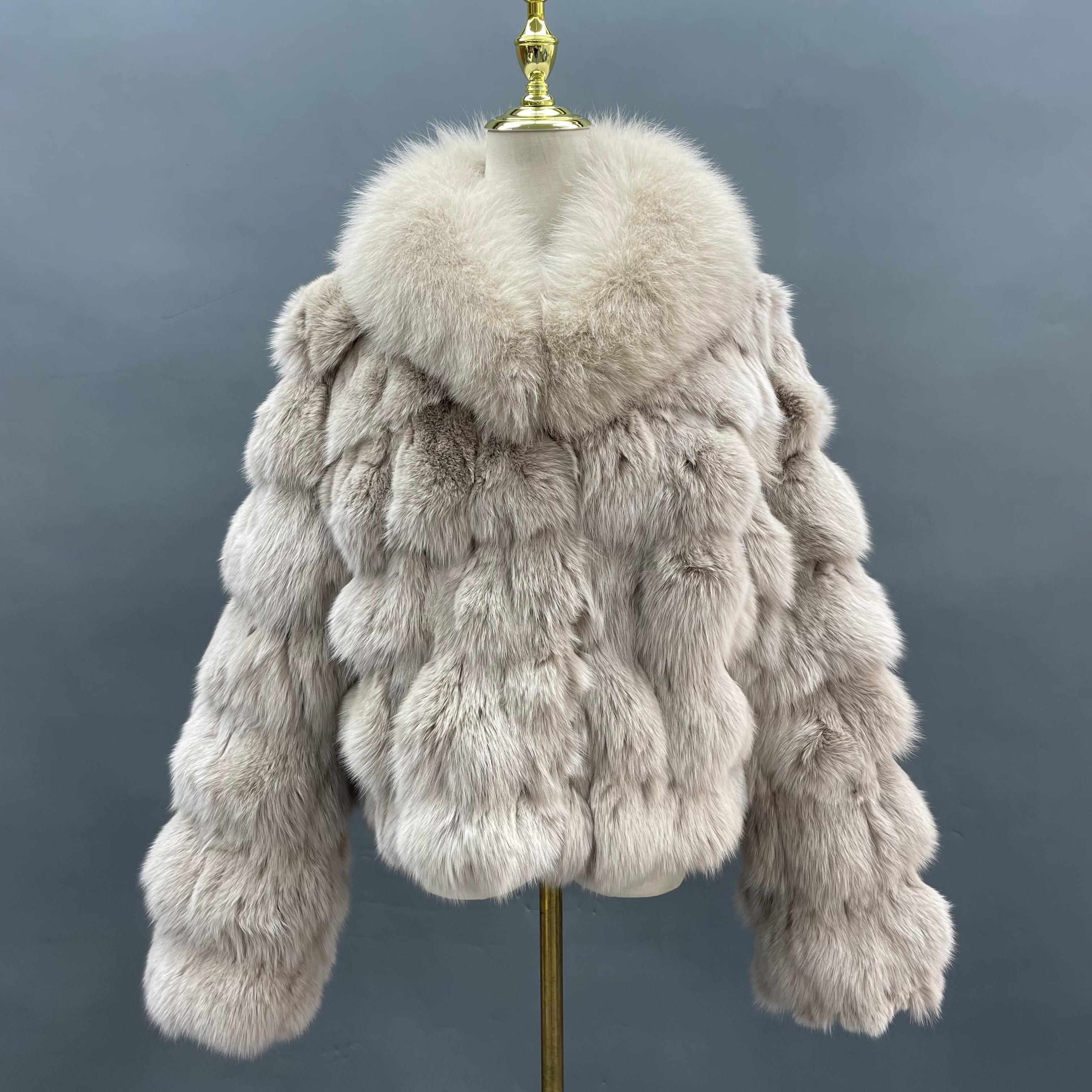 Plus Size Women's Short Stylish Lapel Real Fox Fur Luxury Jacket - Janefur