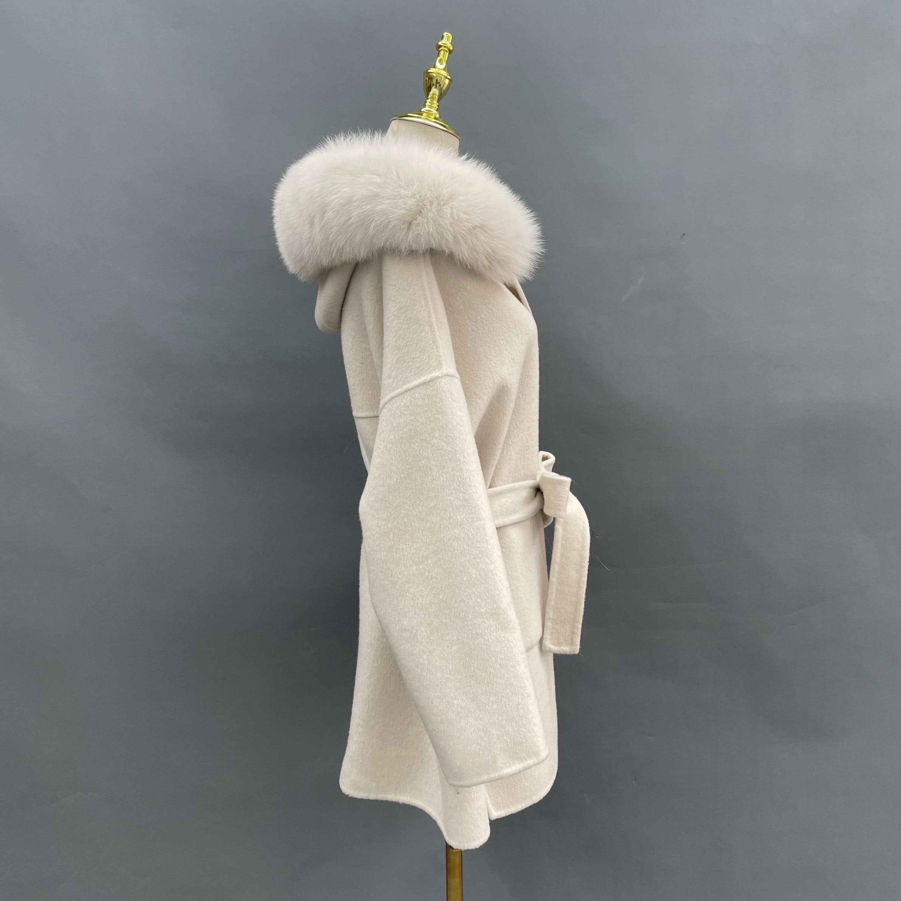 Double - Faced Wool Coat with Fox Fur Hood and Tie Waist