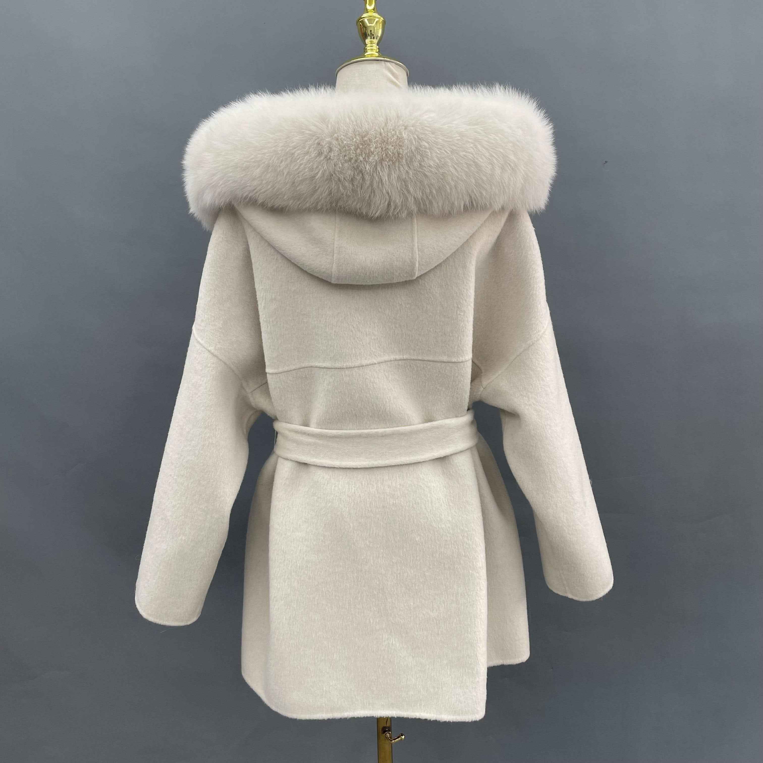 Double - Faced Wool Coat with Fox Fur Hood and Tie Waist