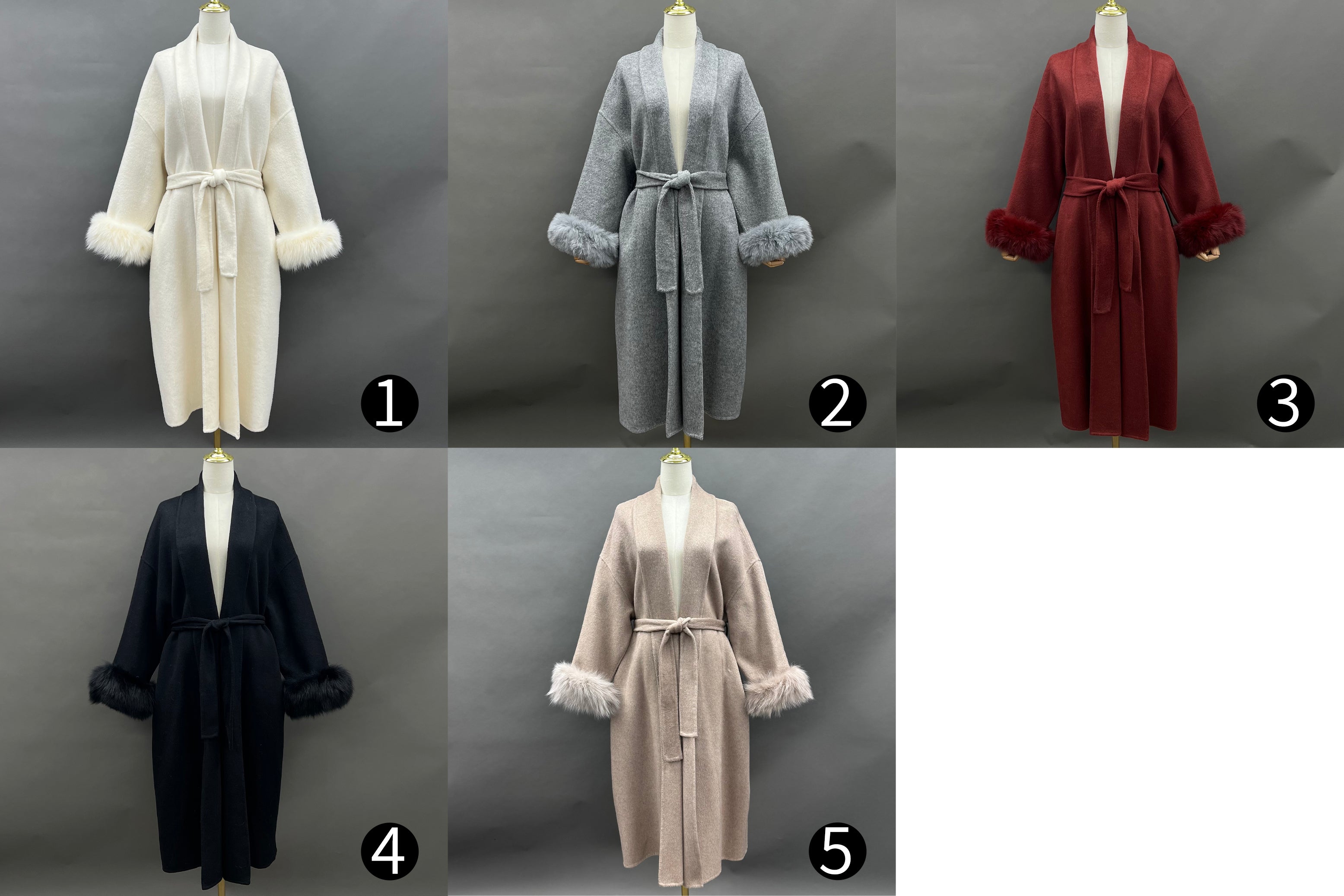 Women’s Beige Double-Faced Wool Wrap Coat with Fox Fur Cuffs – Drop Shoulder Belted Long Winter Jacket for Elegant Fashion