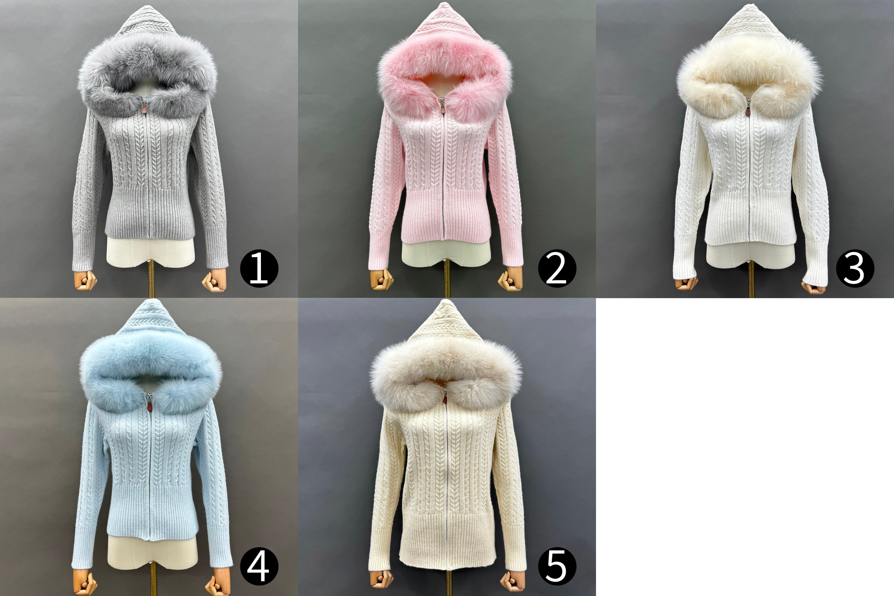 Women’s Pink Chunky Knit Hoodie with Real Fox Fur Trim – Full-Zip Winter Sweater Coat for Fashionable Outerwear
