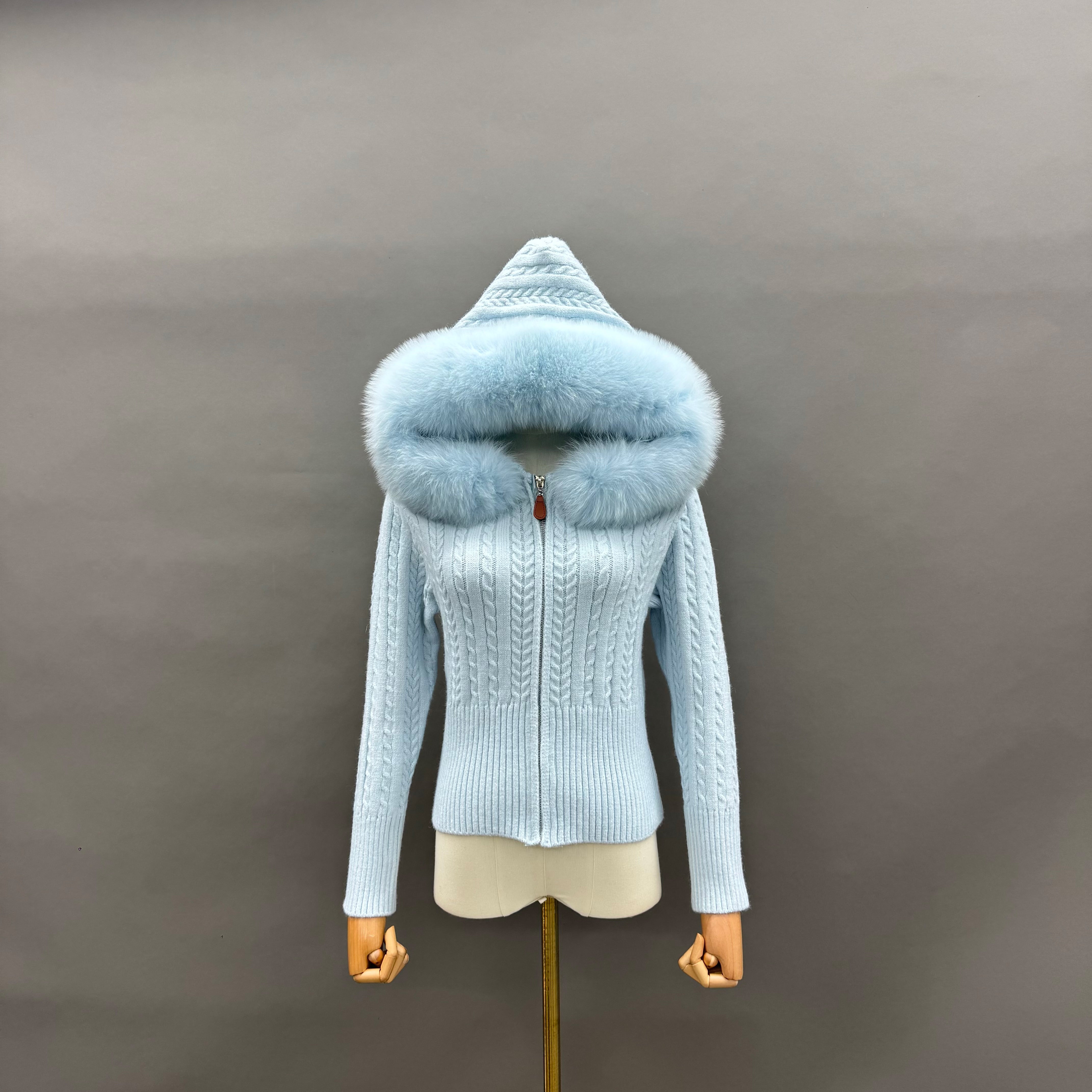 Women’s Pink Chunky Knit Hoodie with Real Fox Fur Trim – Full-Zip Winter Sweater Coat for Fashionable Outerwear Blue F-CHEST 88