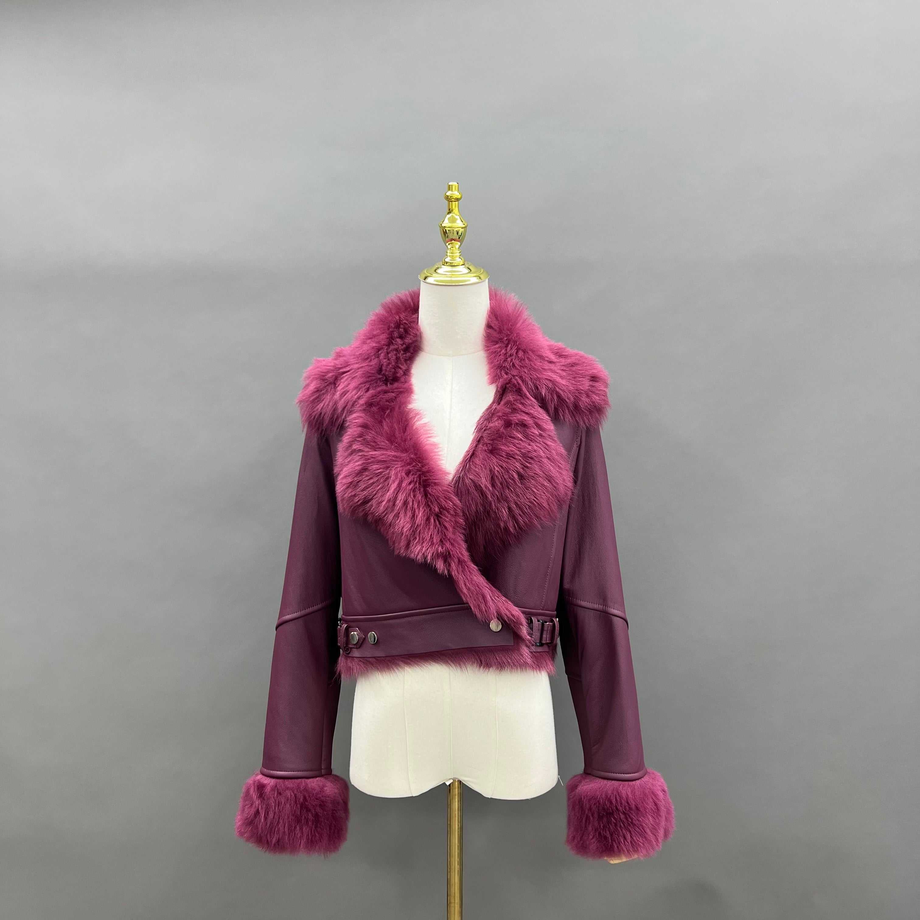 Women’s Tan Shearling Leather Biker Jacket – Fur Collar & Cuff, Asymmetrical Zip Closure, Short Winter Coat for Fashionable Outerwear 1#Raspberry Red