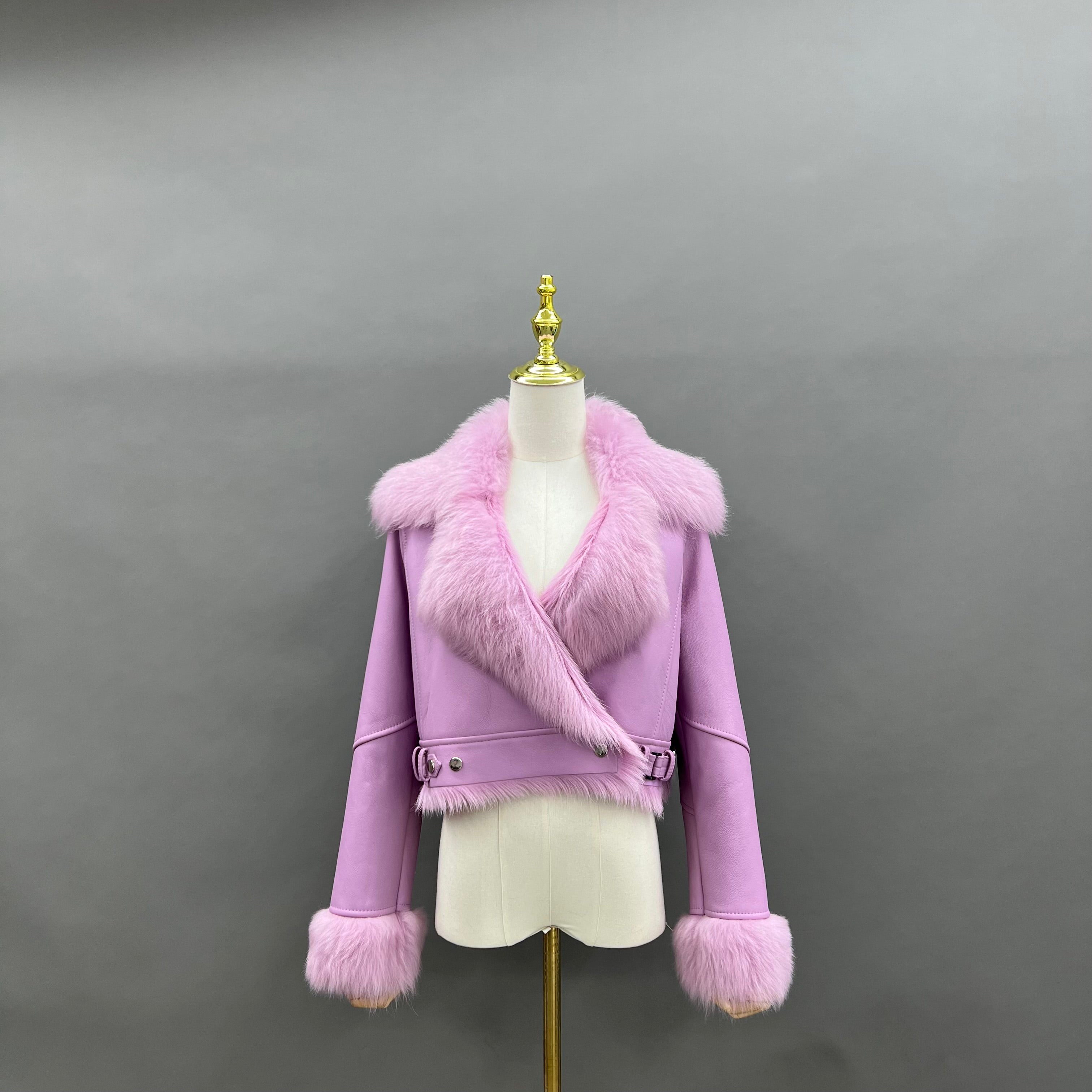 Women’s Tan Shearling Leather Biker Jacket – Fur Collar & Cuff, Asymmetrical Zip Closure, Short Winter Coat for Fashionable Outerwear 3#Pink