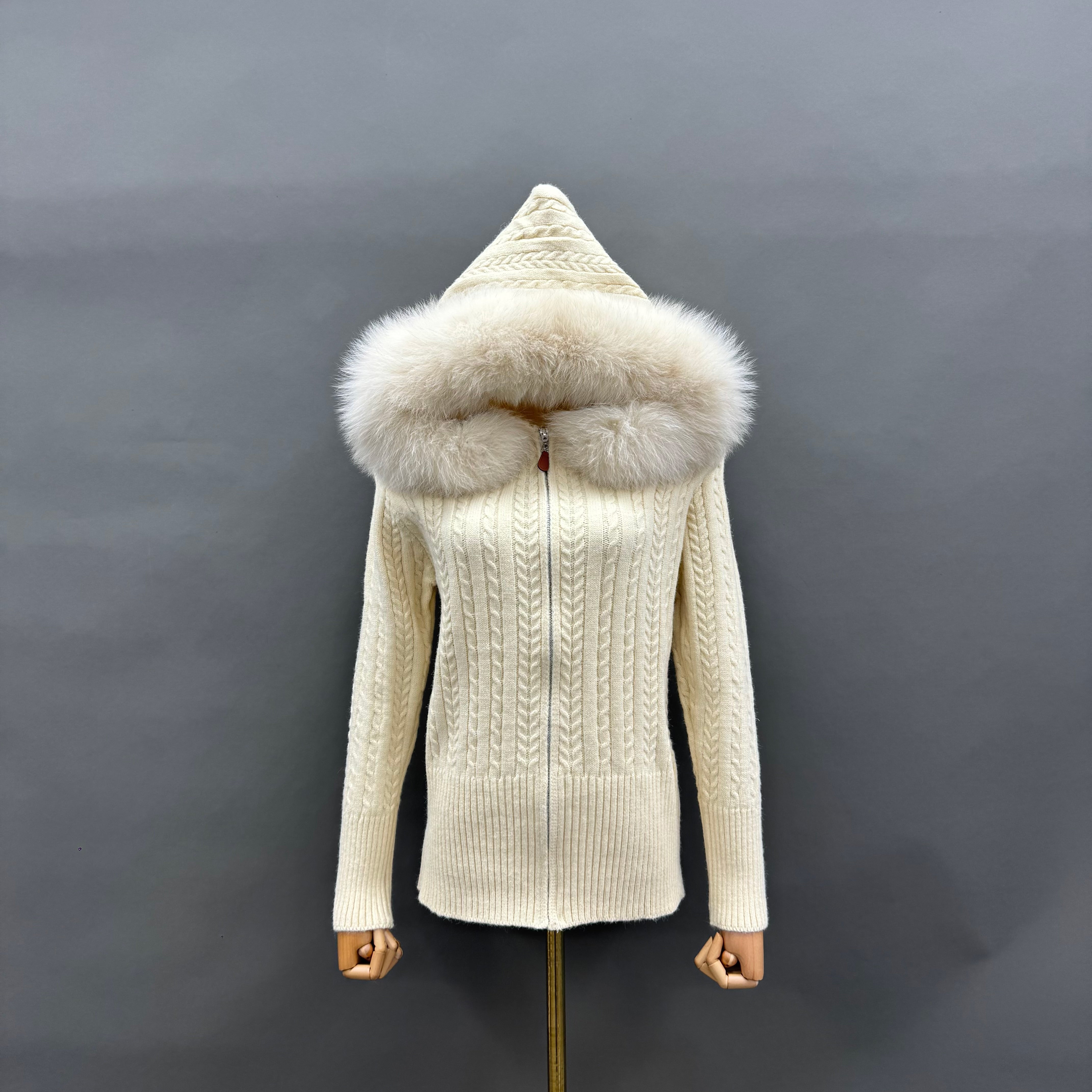 Women’s Pink Chunky Knit Hoodie with Real Fox Fur Trim – Full-Zip Winter Sweater Coat for Fashionable Outerwear Beige F-CHEST 88