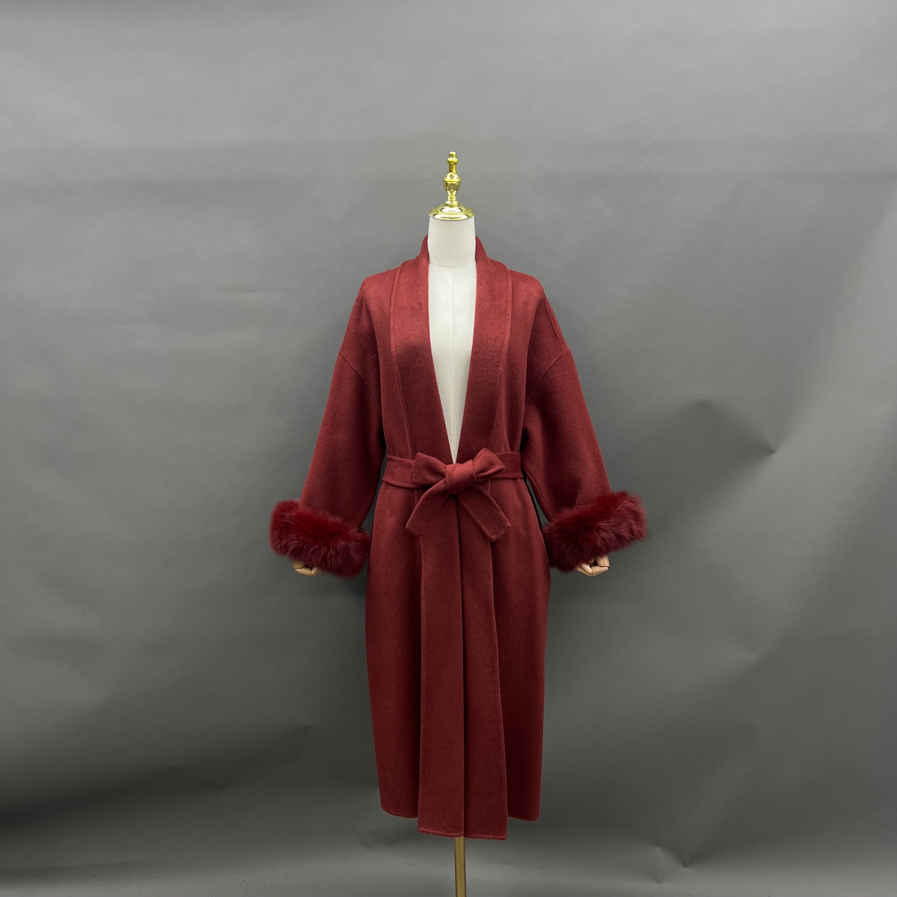 Women’s Beige Double-Faced Wool Wrap Coat with Fox Fur Cuffs – Drop Shoulder Belted Long Winter Jacket for Elegant Fashion 3#Wine