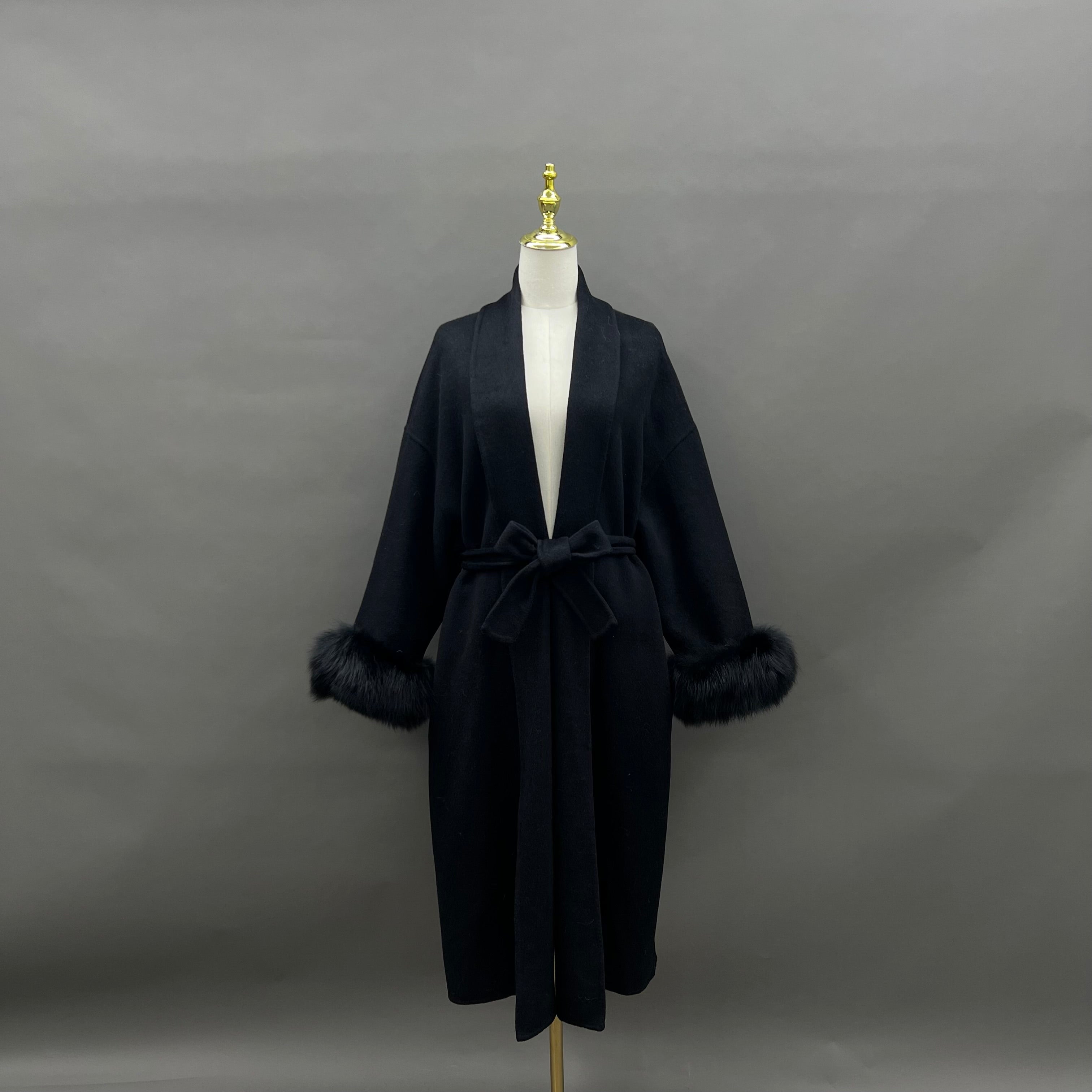 Women’s Beige Double-Faced Wool Wrap Coat with Fox Fur Cuffs – Drop Shoulder Belted Long Winter Jacket for Elegant Fashion 4#Black