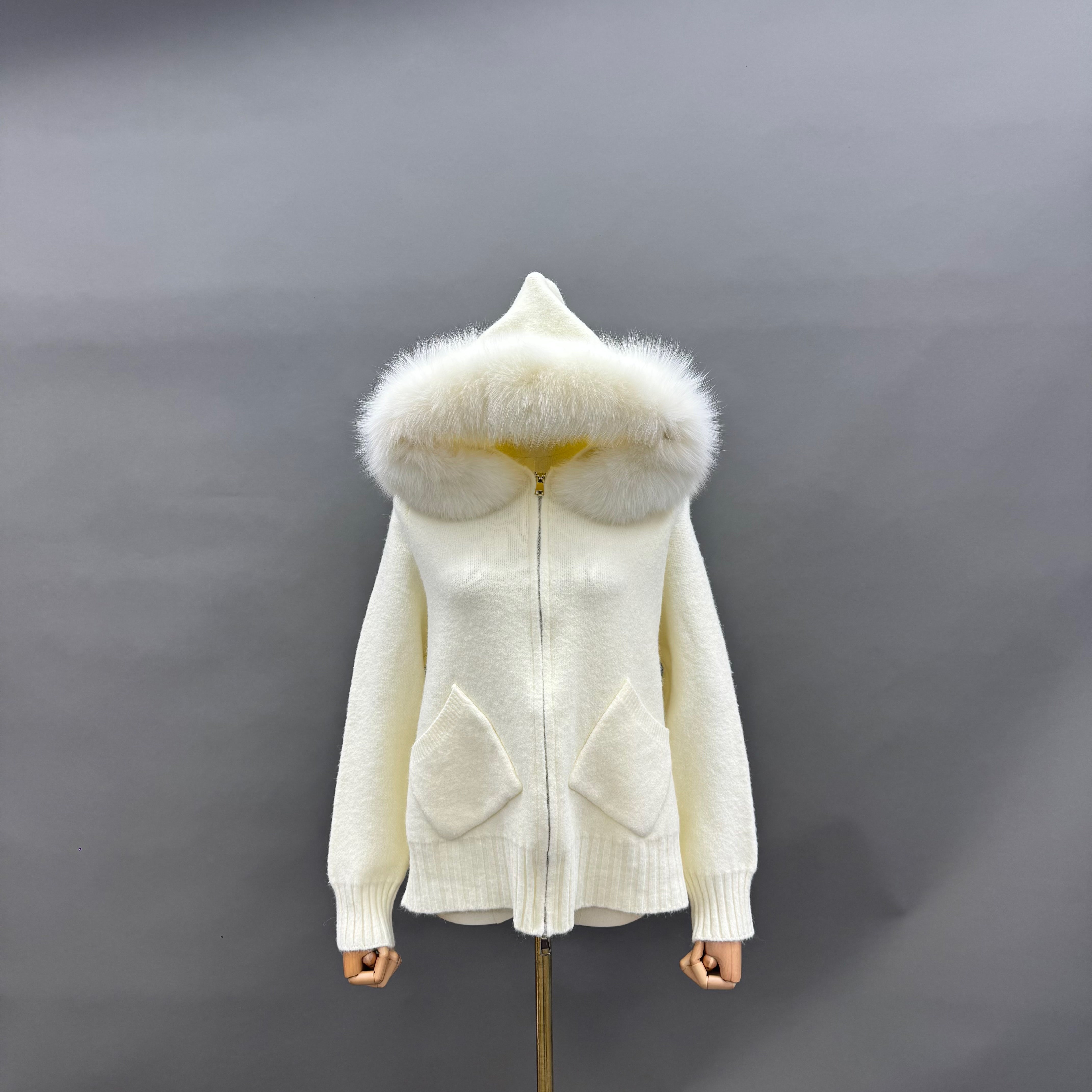 Women’s Cream Sheep Wool Knit Hoodie with Real Fox Fur Trim – Full-Zip Winter Sweater Coat with Pockets for Elegant Fashio 2#White F-CHEST 100