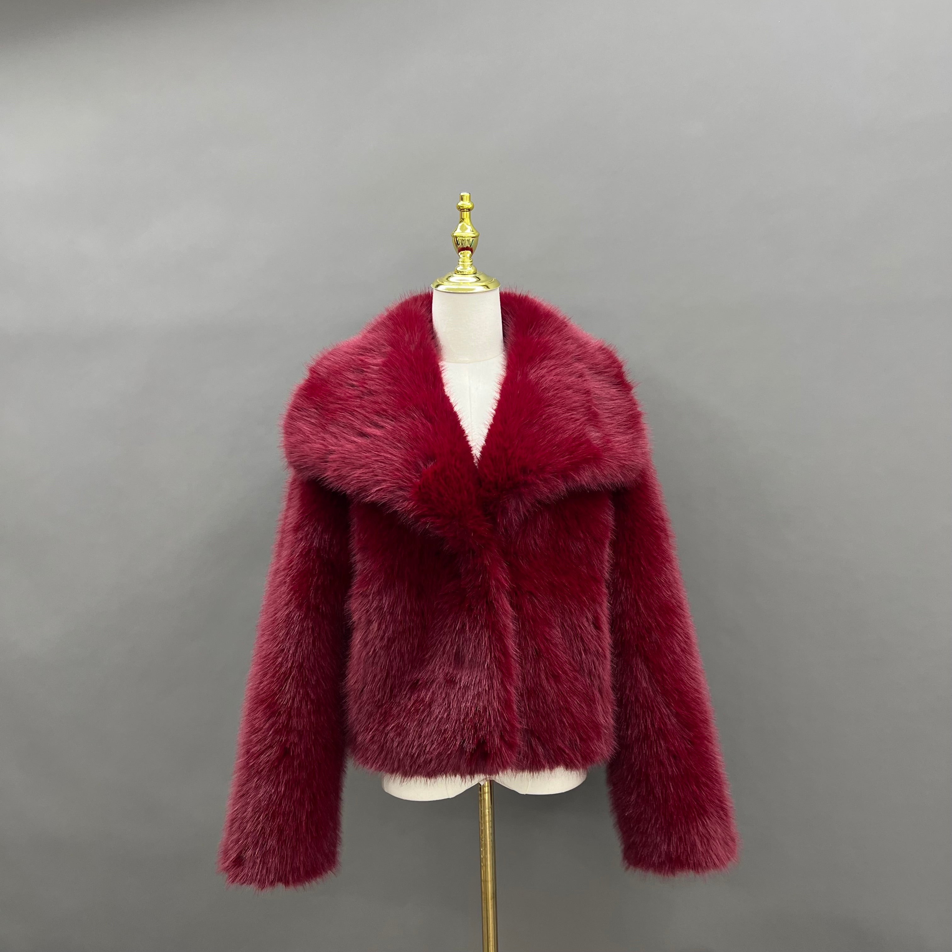 Women’s Burgundy Faux Mink Fur Jacket – Short Collar Coat for Elegant Winter Fashion