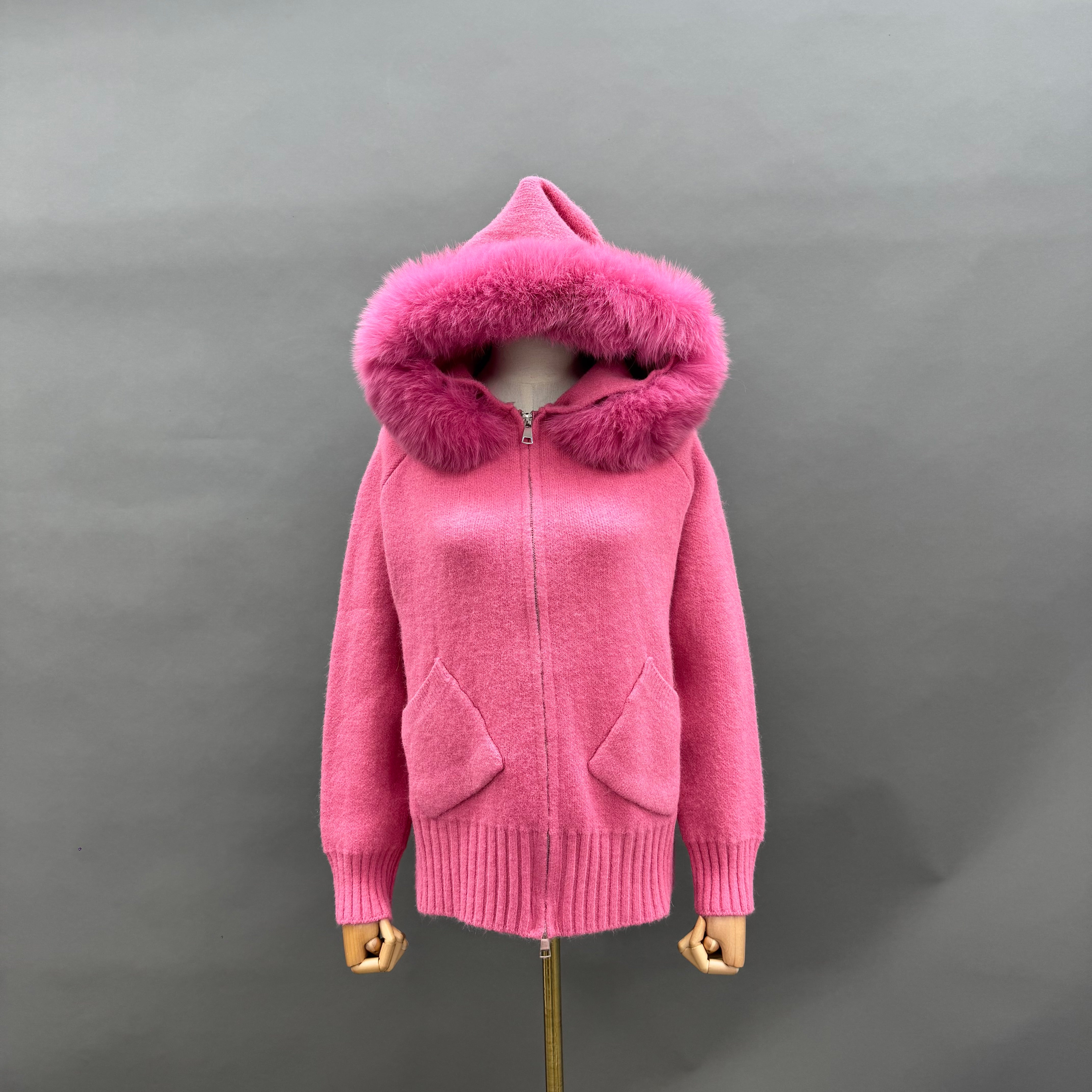Women’s Cream Sheep Wool Knit Hoodie with Real Fox Fur Trim – Full-Zip Winter Sweater Coat with Pockets for Elegant Fashio 3#Pink F-CHEST 100