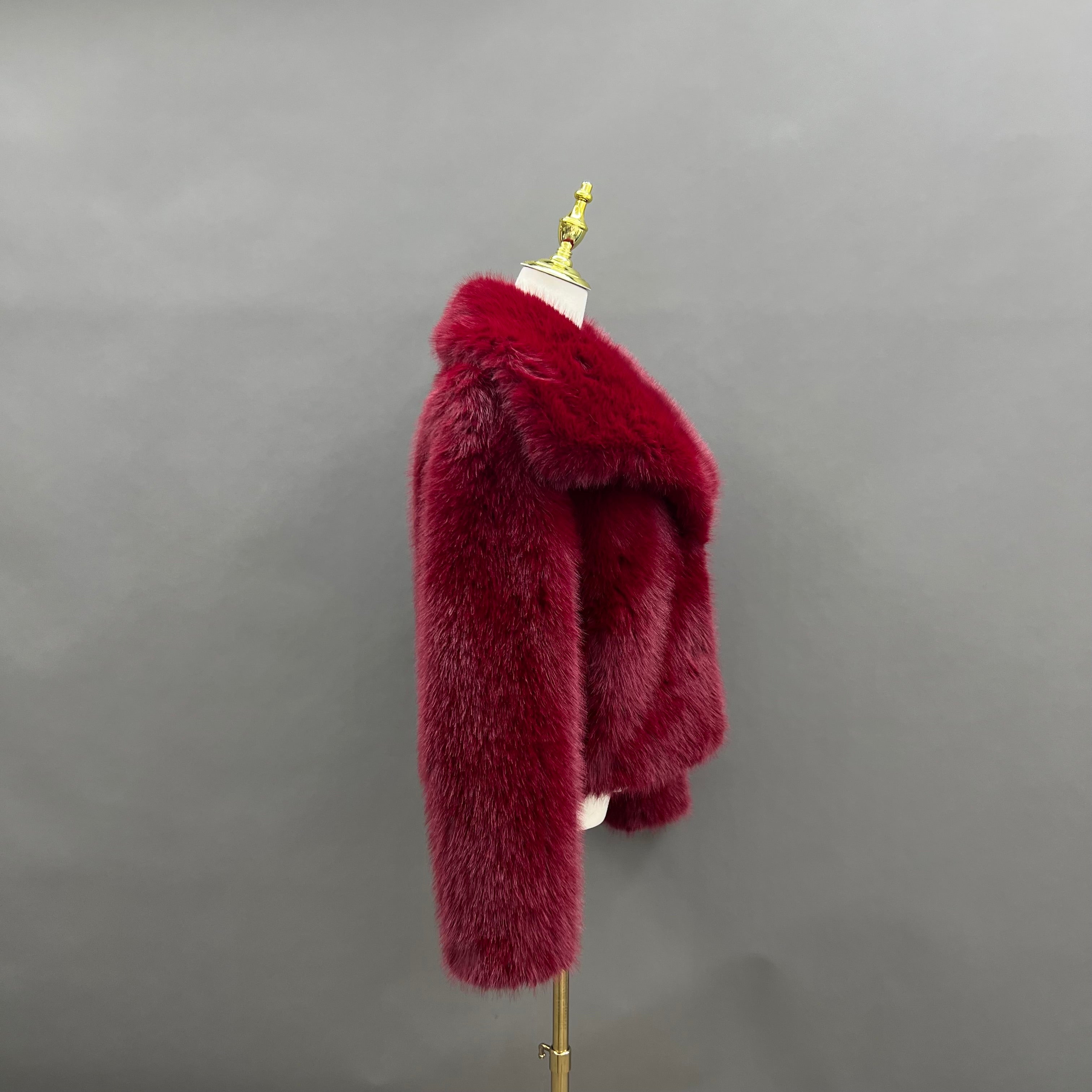 Women’s Burgundy Faux Mink Fur Jacket – Short Collar Coat for Elegant Winter Fashion