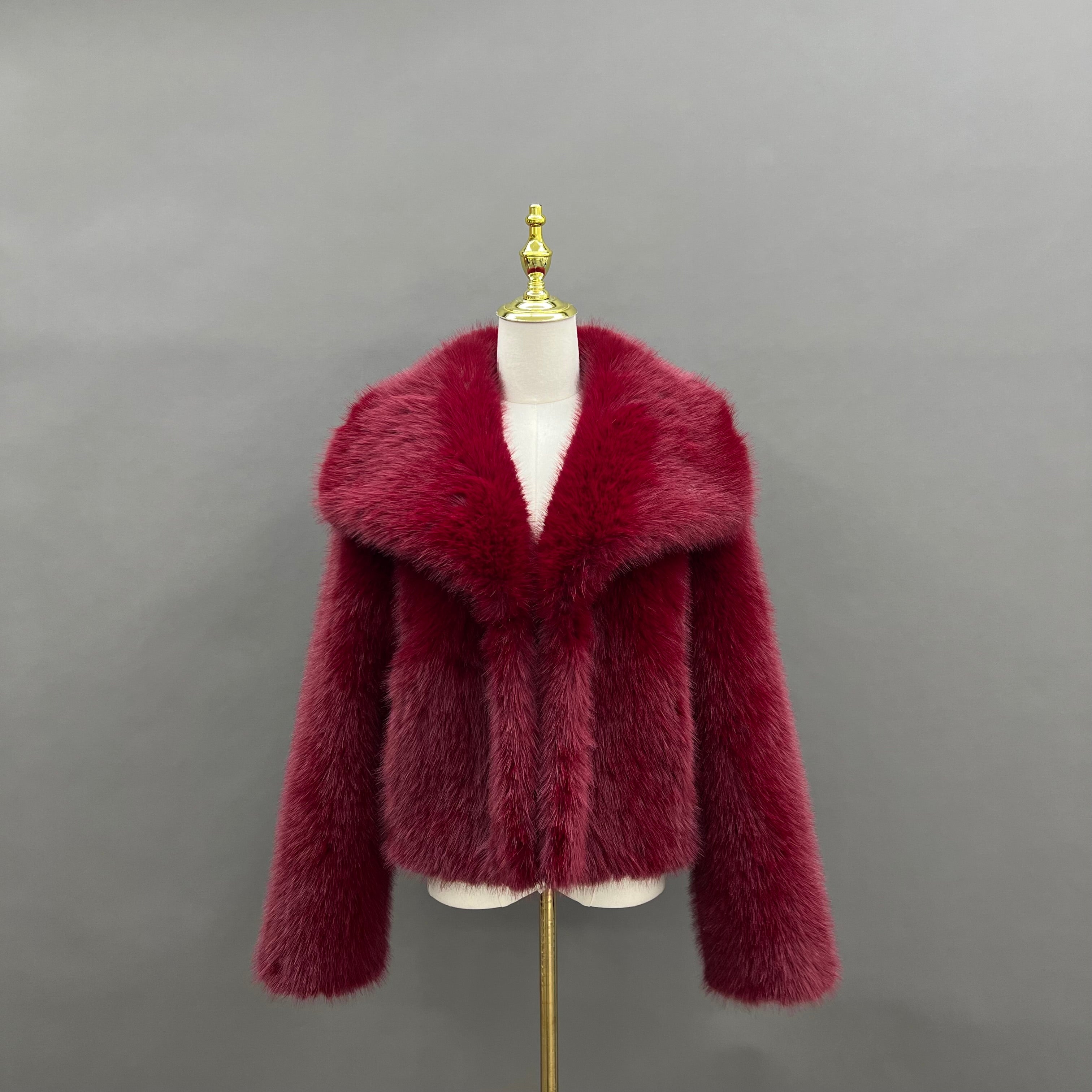 Women’s Burgundy Faux Mink Fur Jacket – Short Collar Coat for Elegant Winter Fashion 1#Wine