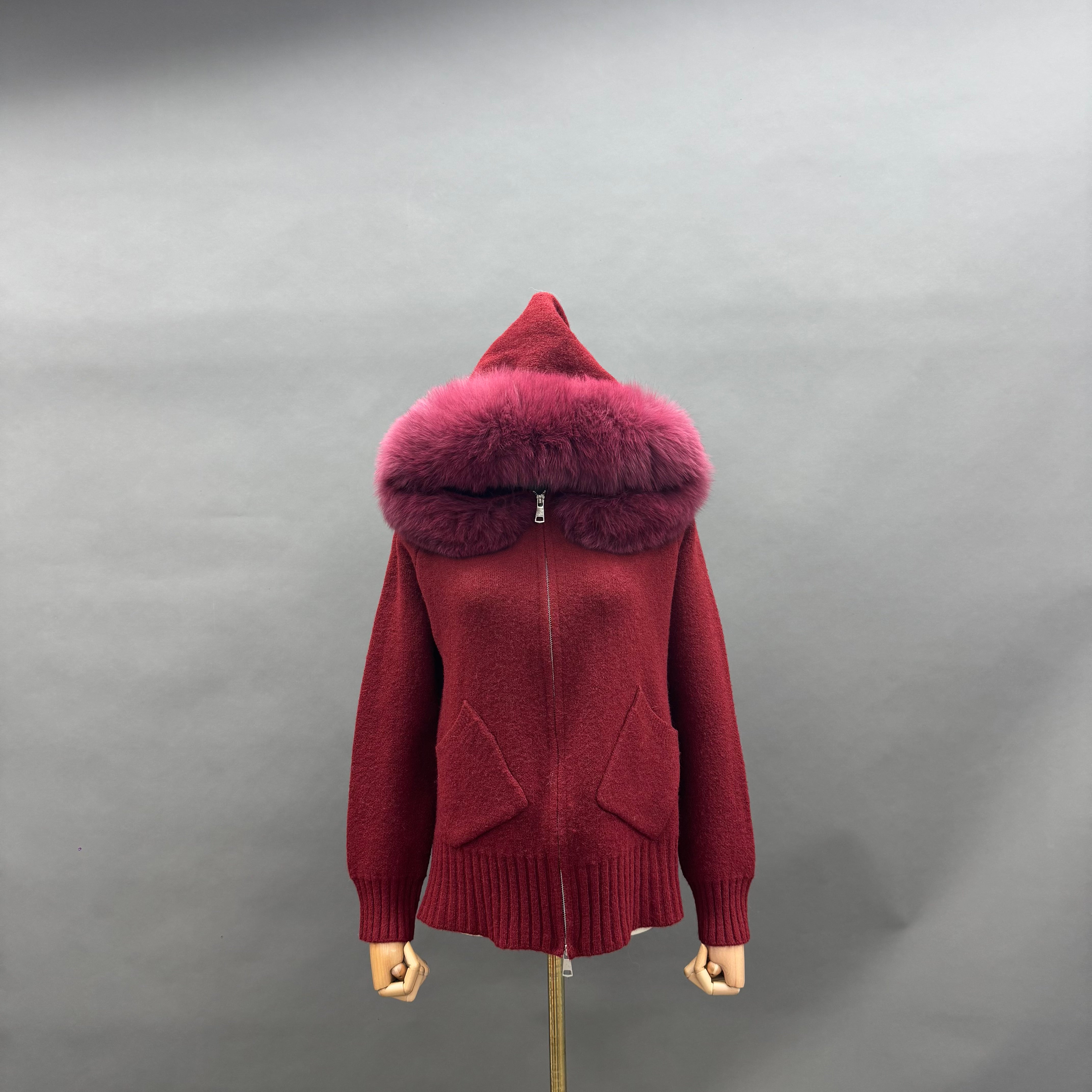 Women’s Cream Sheep Wool Knit Hoodie with Real Fox Fur Trim – Full-Zip Winter Sweater Coat with Pockets for Elegant Fashio 4#Wine F-CHEST 100