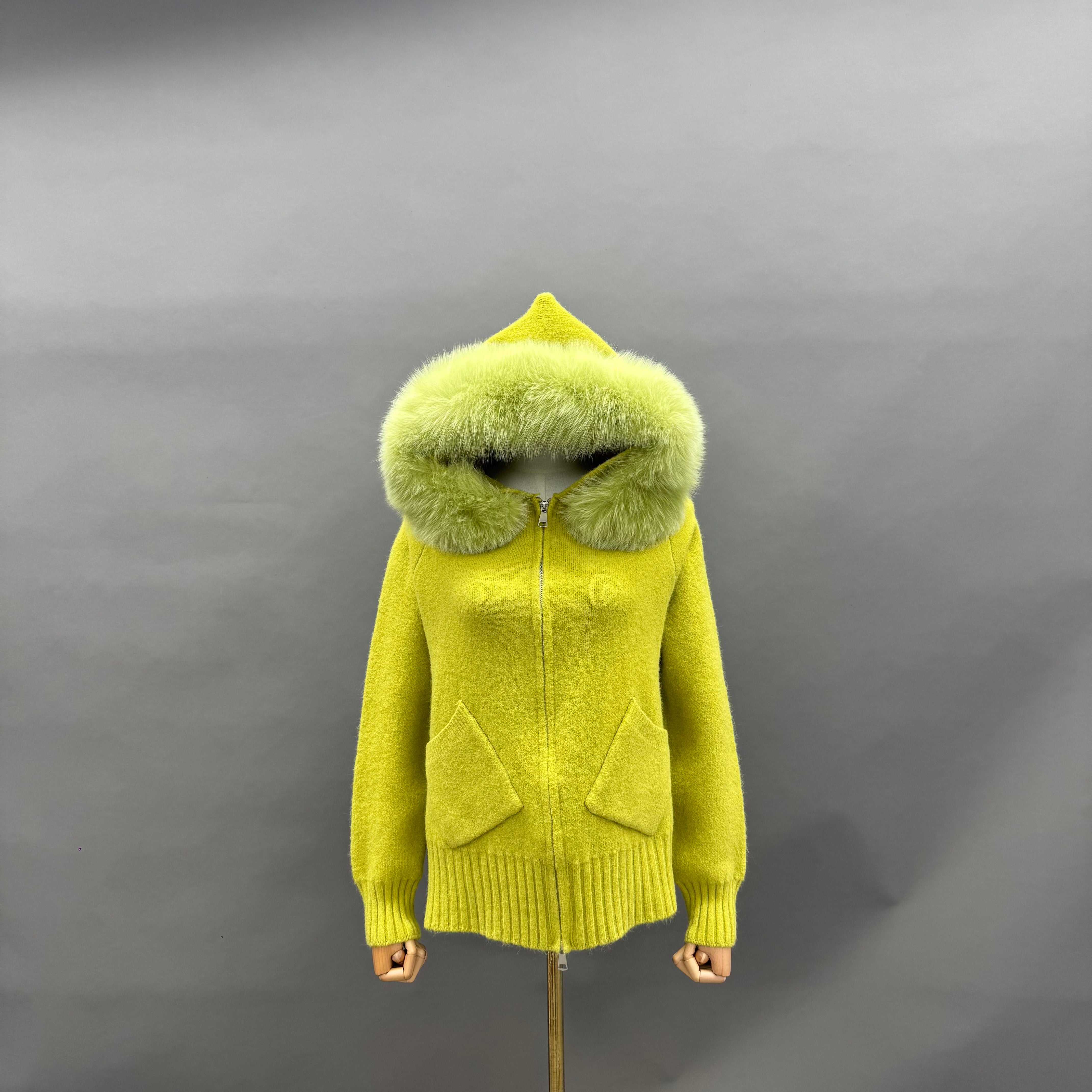Women’s Cream Sheep Wool Knit Hoodie with Real Fox Fur Trim – Full-Zip Winter Sweater Coat with Pockets for Elegant Fashio 5#Light Green F-CHEST 100