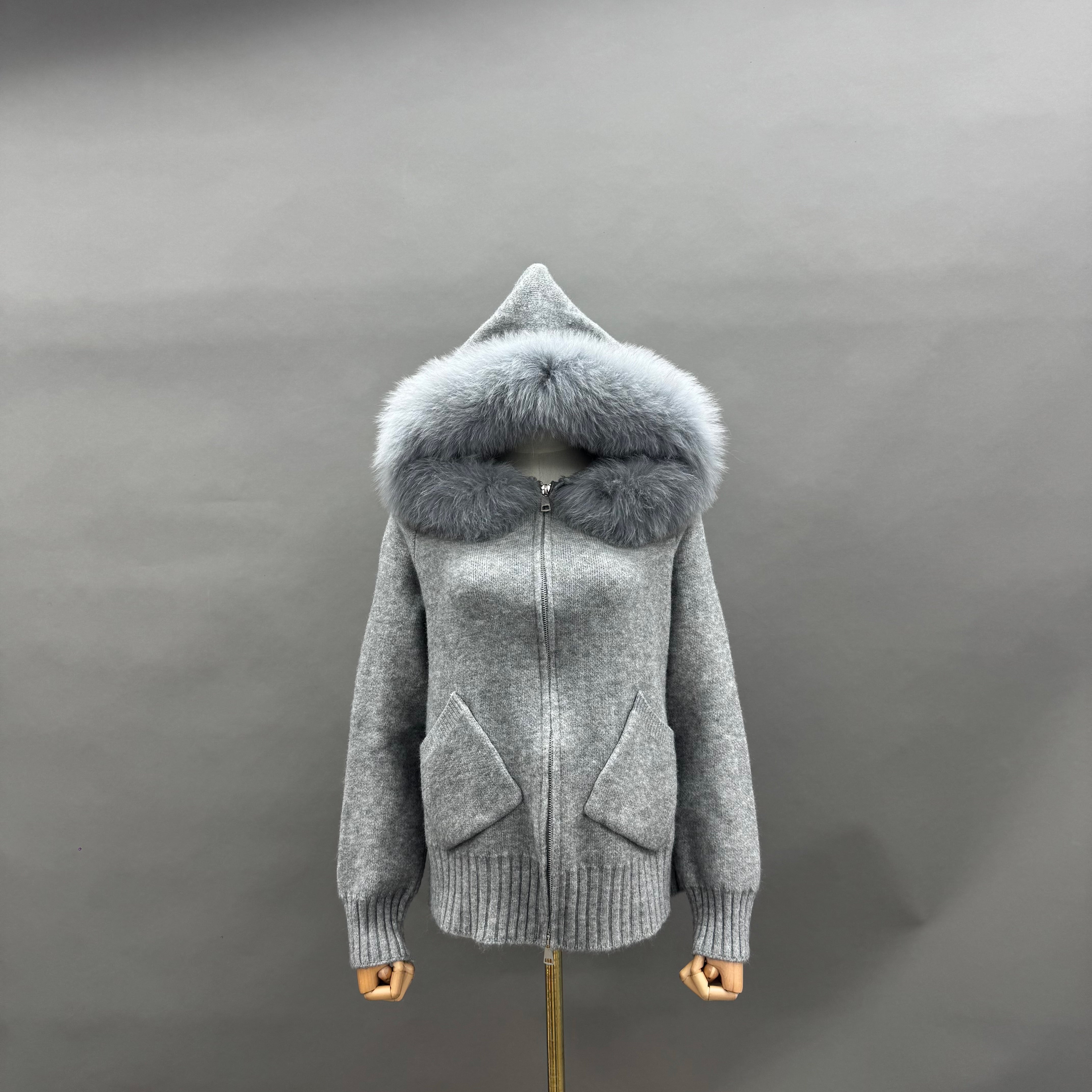 Women’s Cream Sheep Wool Knit Hoodie with Real Fox Fur Trim – Full-Zip Winter Sweater Coat with Pockets for Elegant Fashio 6#Sliver F-CHEST 100