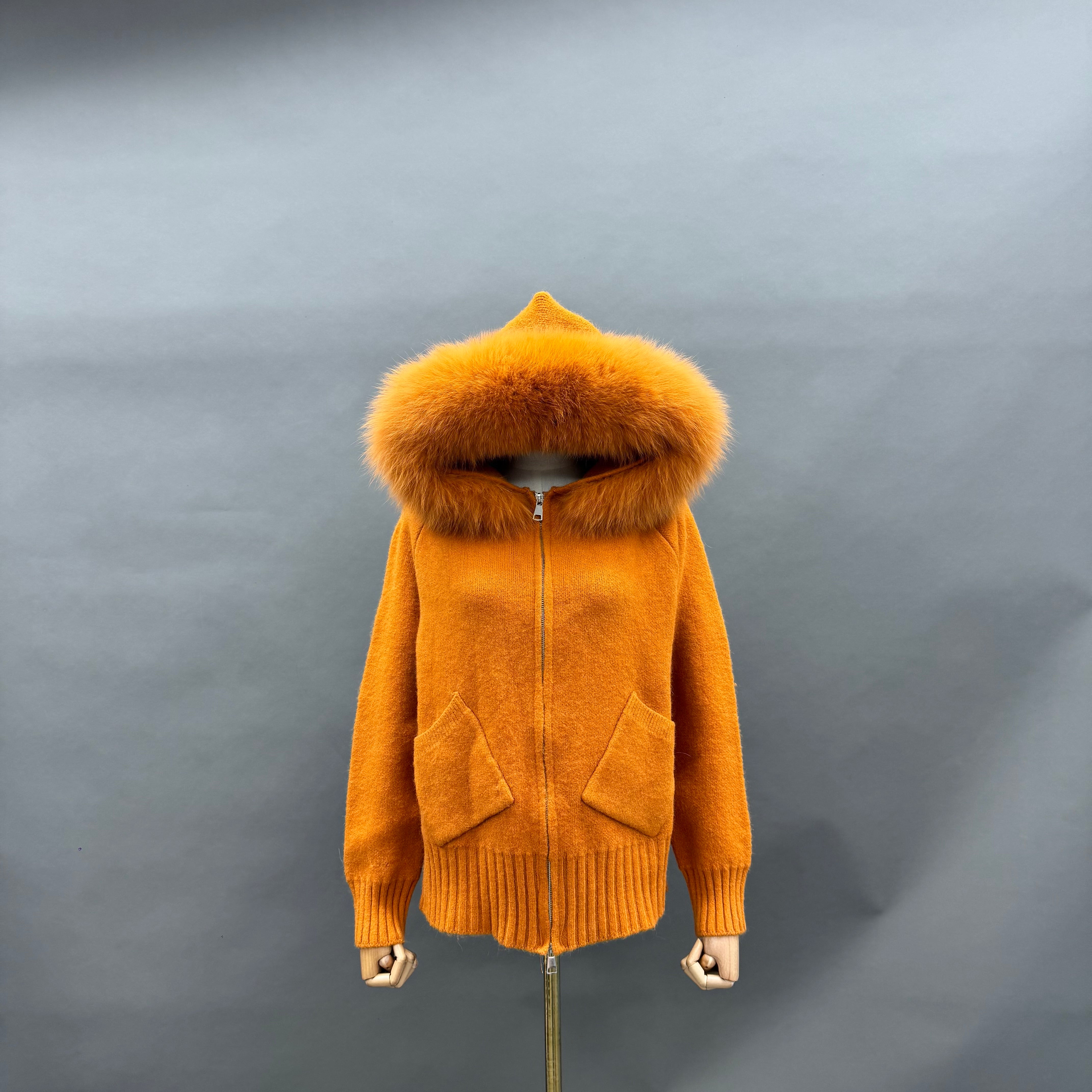 Women’s Cream Sheep Wool Knit Hoodie with Real Fox Fur Trim – Full-Zip Winter Sweater Coat with Pockets for Elegant Fashio 7#Burnt Orange F-CHEST 100