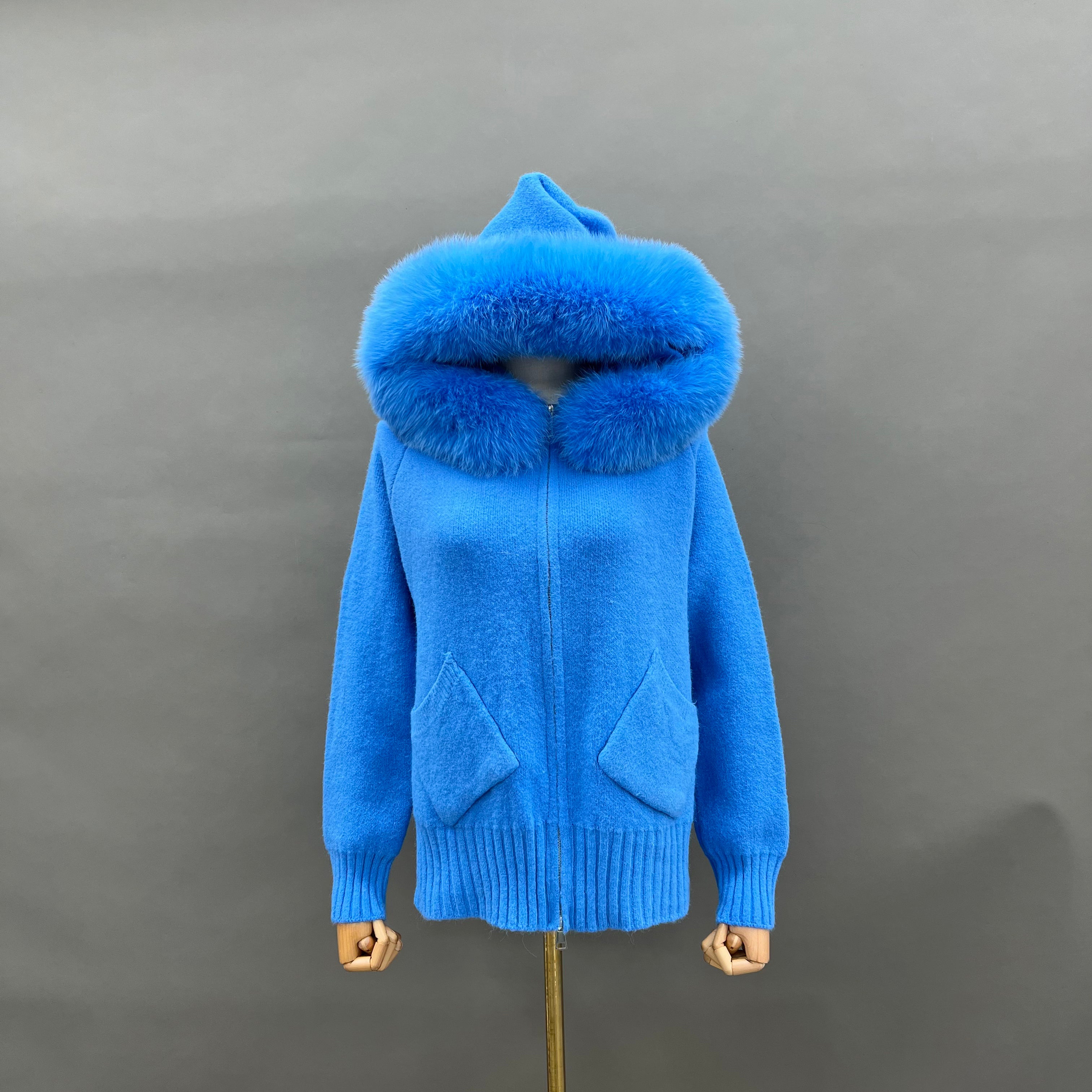 Women’s Cream Sheep Wool Knit Hoodie with Real Fox Fur Trim – Full-Zip Winter Sweater Coat with Pockets for Elegant Fashio 1#Blue F-CHEST 100