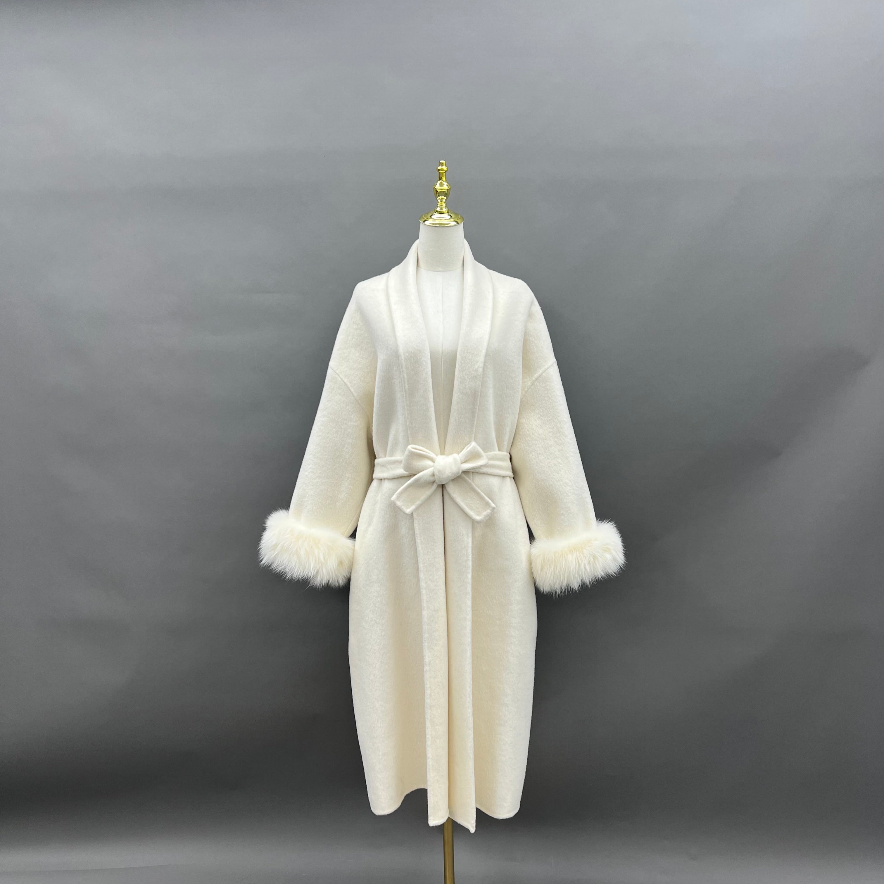 Women’s Beige Double-Faced Wool Wrap Coat with Fox Fur Cuffs – Drop Shoulder Belted Long Winter Jacket for Elegant Fashion 1#White