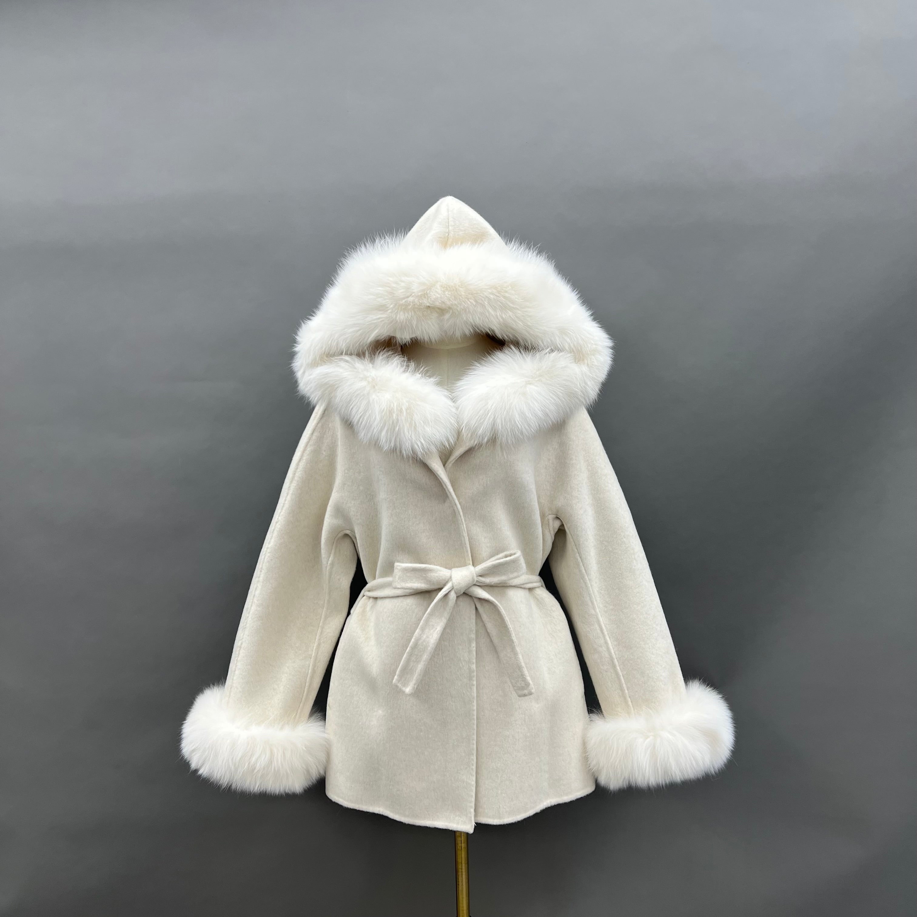 Women’s Light Gray Wool Coat with Real Fox Fur Trim – Hooded Belted Short Winter Jacket for Elegant Fashion White