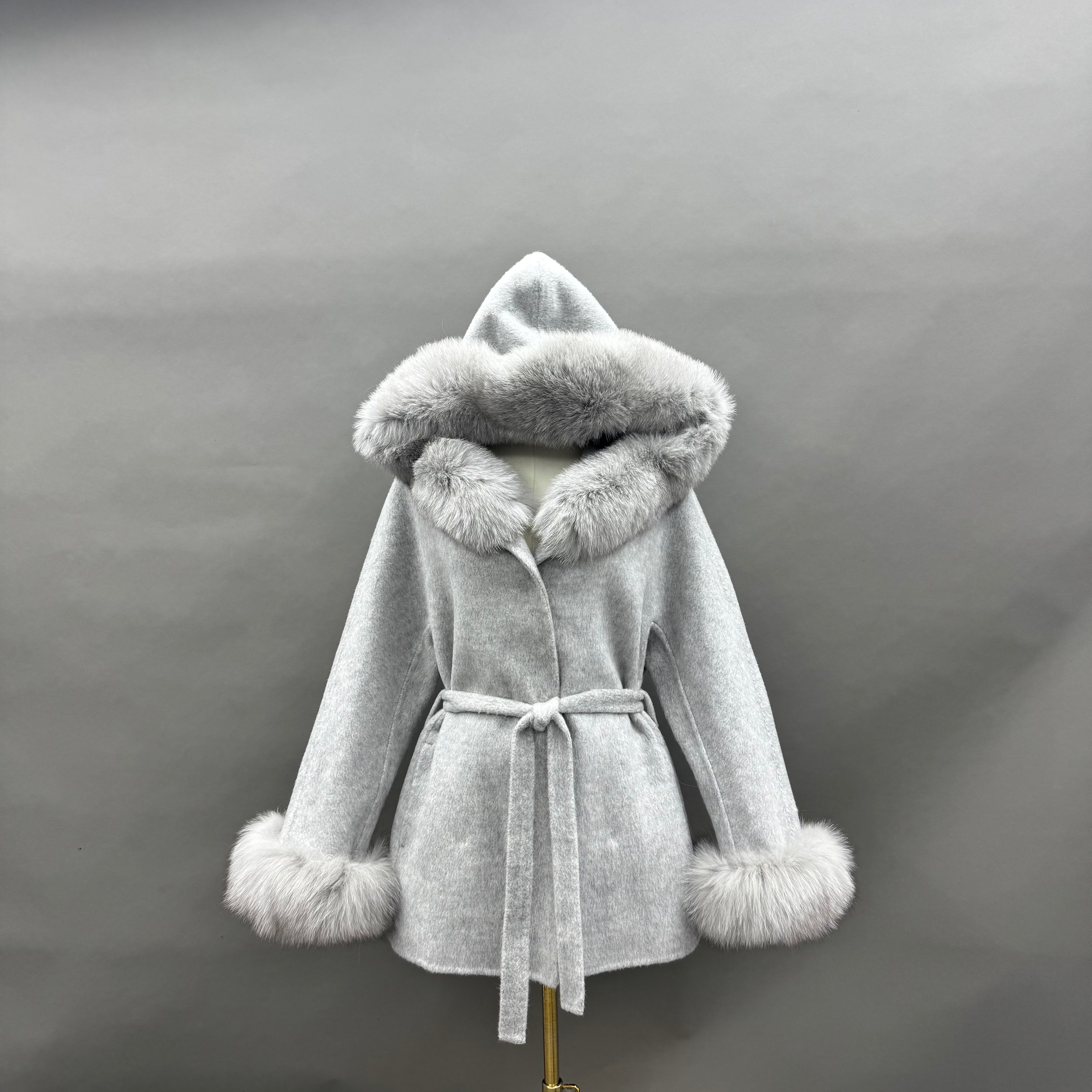 Women’s Light Gray Wool Coat with Real Fox Fur Trim – Hooded Belted Short Winter Jacket for Elegant Fashion Grey
