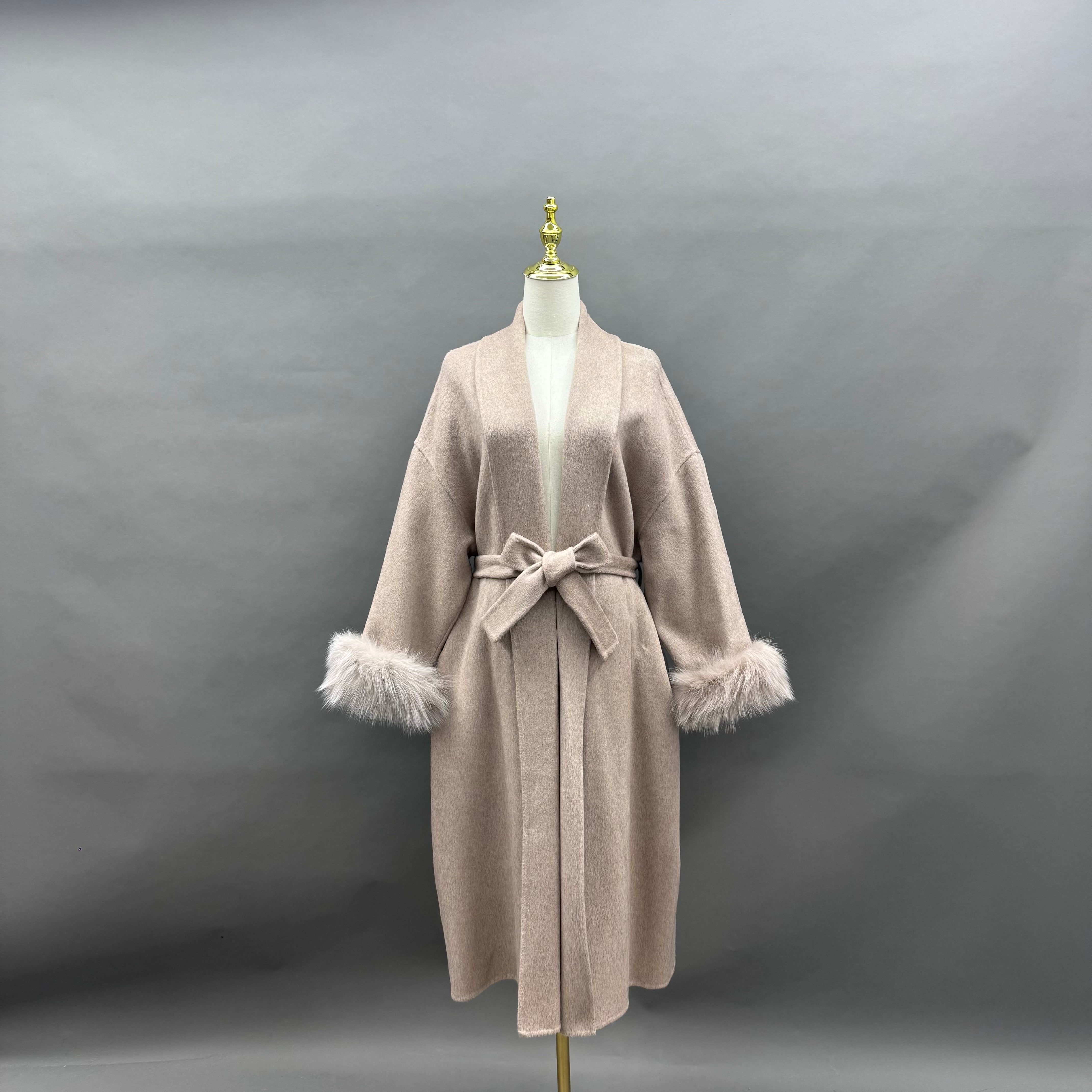 Women’s Beige Double-Faced Wool Wrap Coat with Fox Fur Cuffs – Drop Shoulder Belted Long Winter Jacket for Elegant Fashion 5#Milk Tea