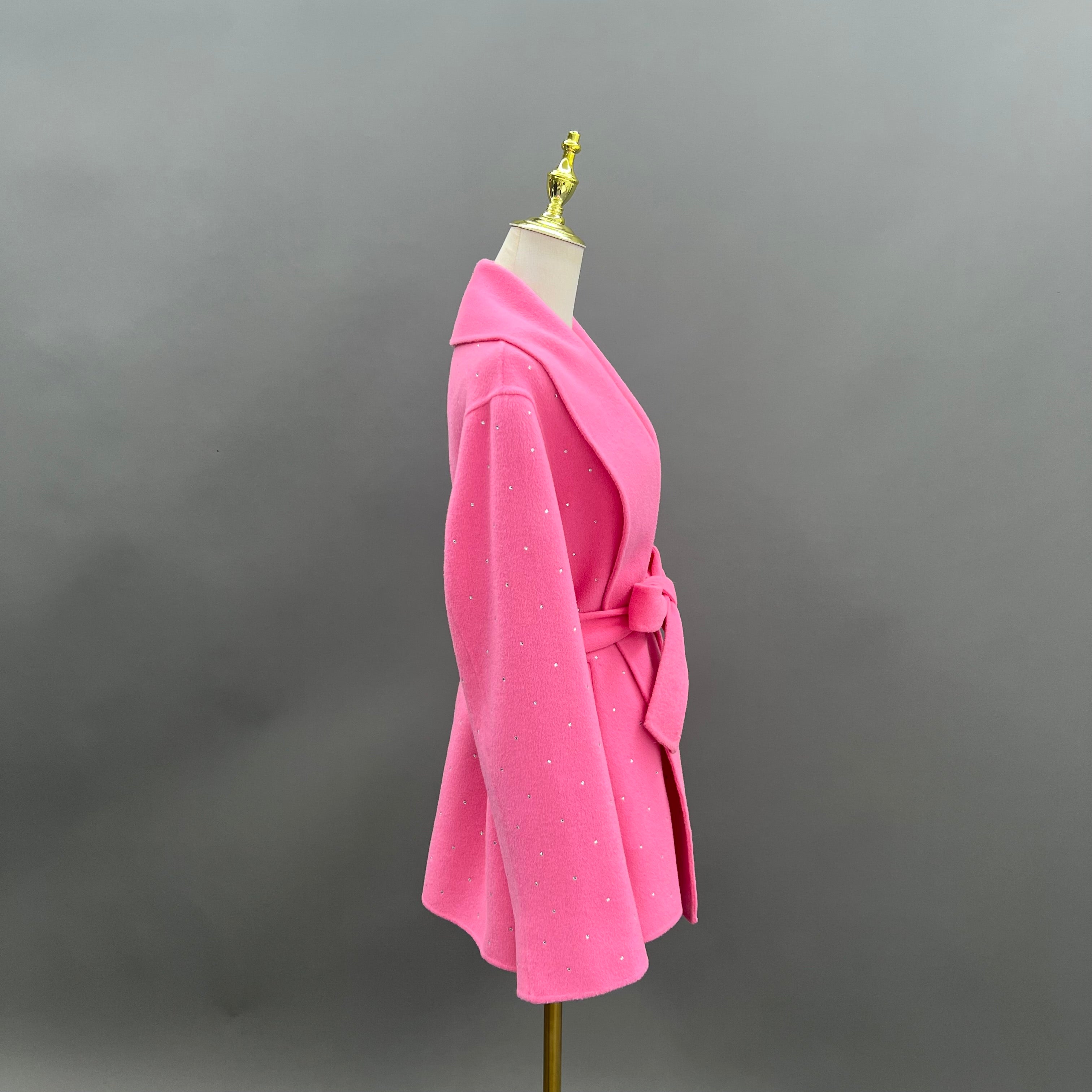 Women’s Pink Double-Faced Wool Coat with Fox Fur Cuffs – Rhinestone Embellished Open Front Winter Jacket for Fashion Statement