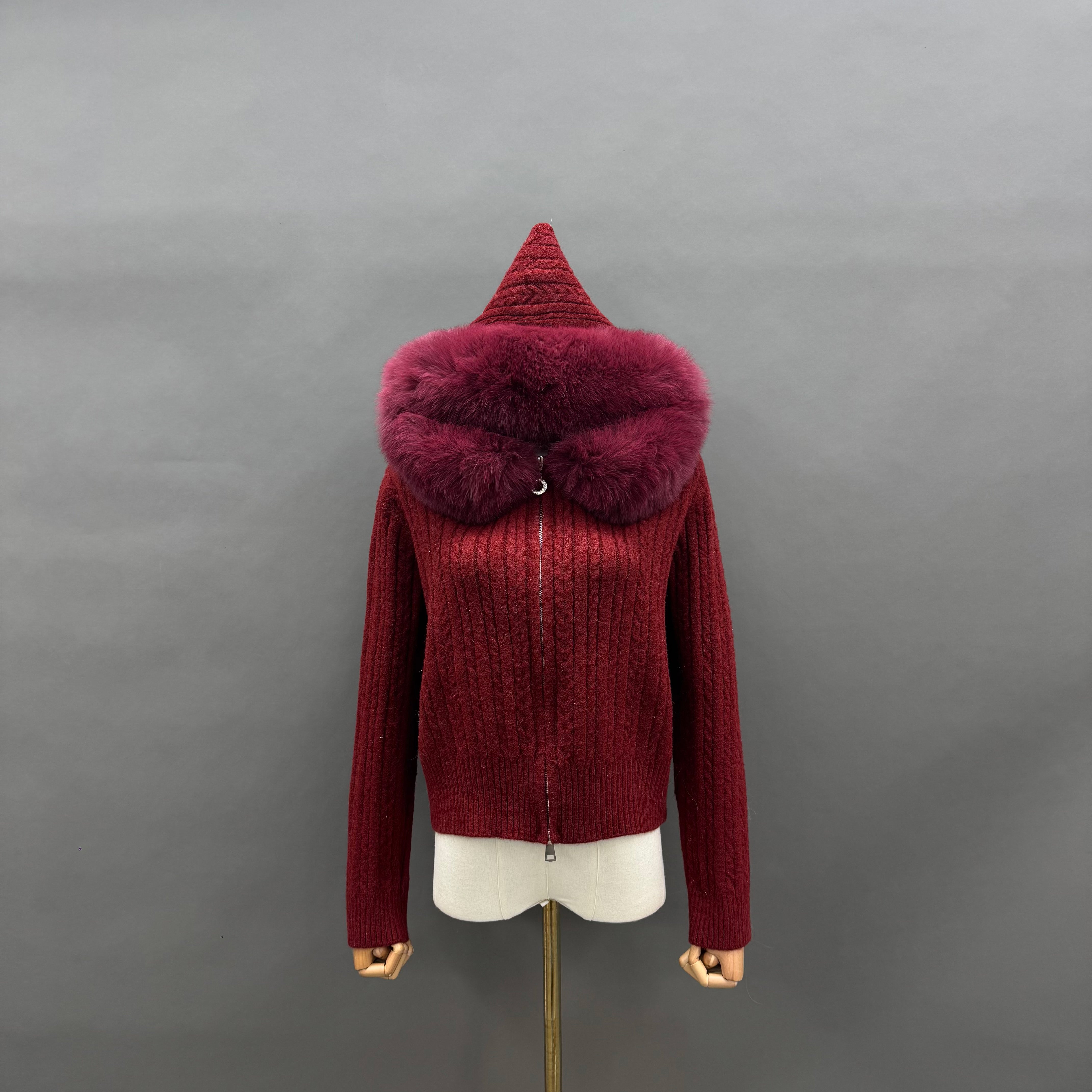 Women’s Burgundy Sheep Wool Knit Hoodie with Real Fox Fur Trim – Full-Zip Winter Sweater Coat for Elegant Fashion 3#Wine F-CHEST 104