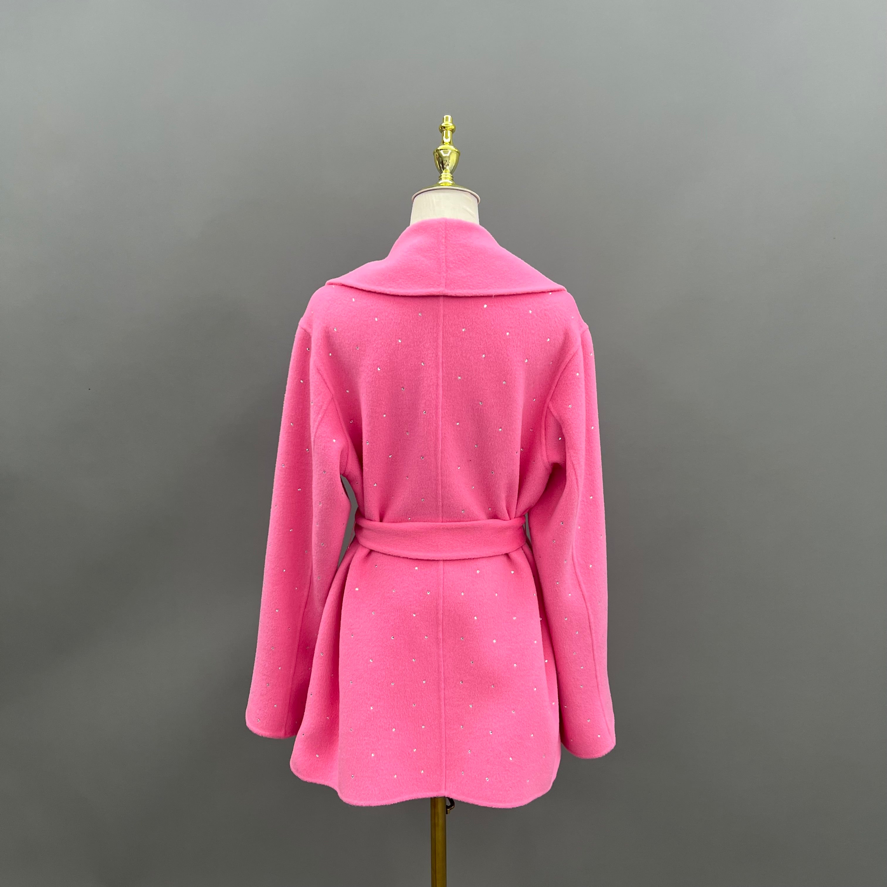 Women’s Pink Double-Faced Wool Coat with Fox Fur Cuffs – Rhinestone Embellished Open Front Winter Jacket for Fashion Statement