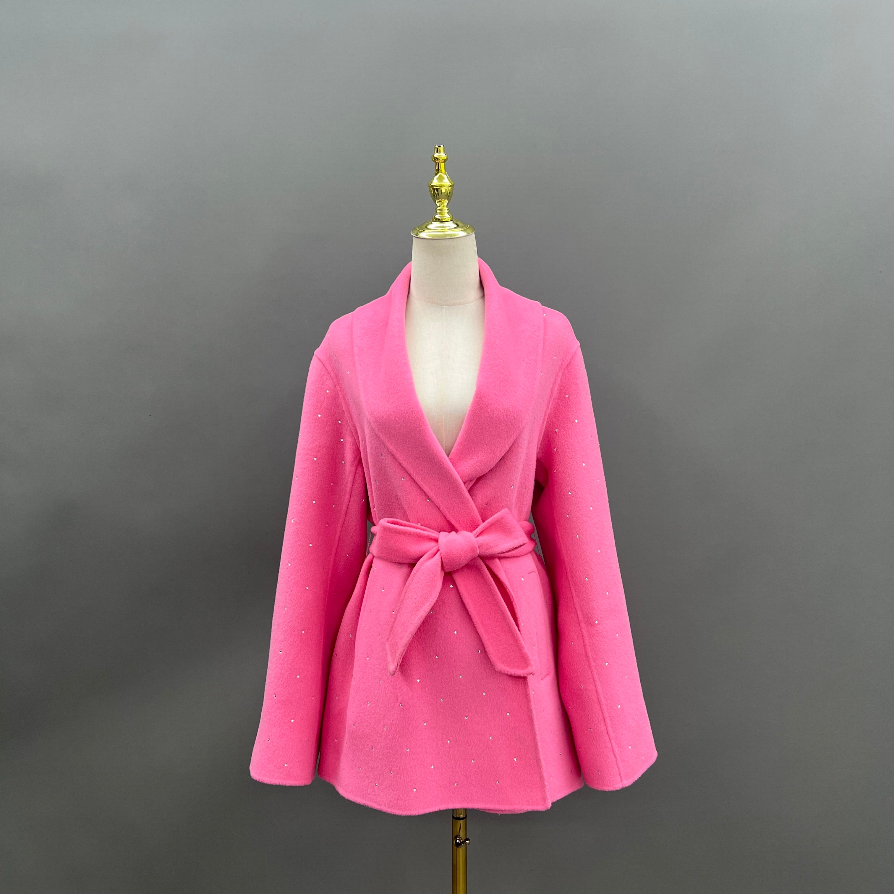 Women’s Pink Double-Faced Wool Coat with Fox Fur Cuffs – Rhinestone Embellished Open Front Winter Jacket for Fashion Statement Pink