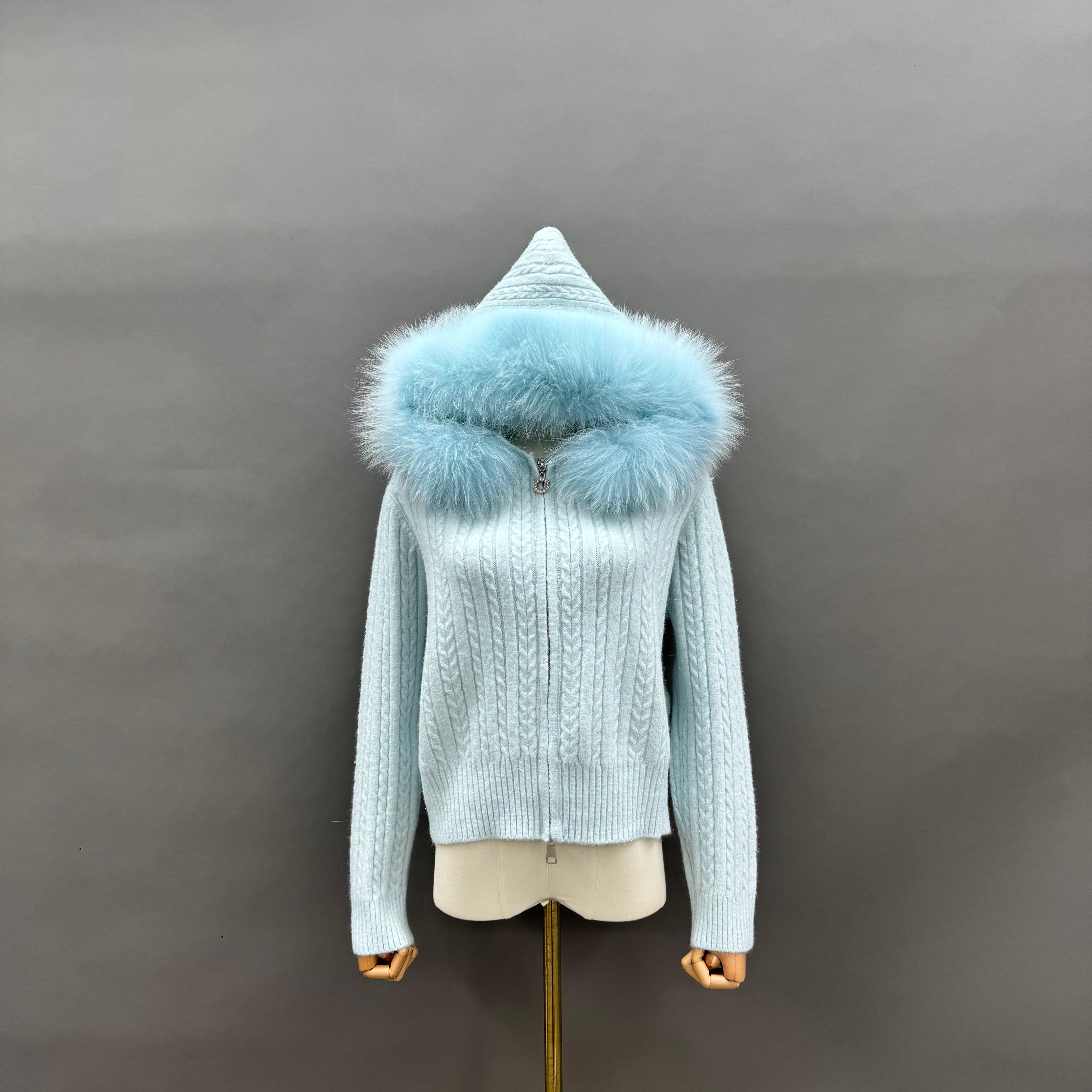 Women’s Burgundy Sheep Wool Knit Hoodie with Real Fox Fur Trim – Full-Zip Winter Sweater Coat for Elegant Fashion 4#BB Blue F-CHEST 104