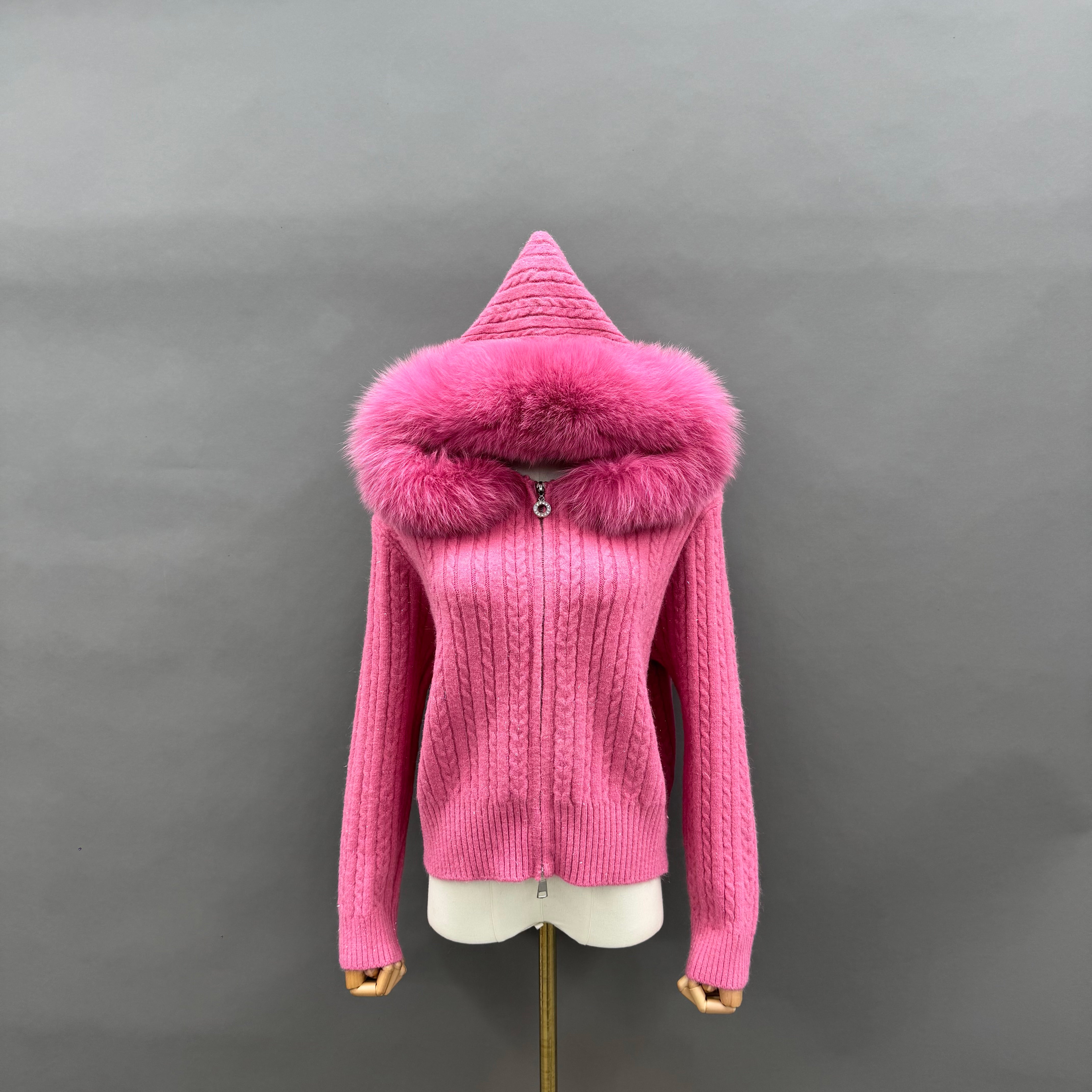 Women’s Burgundy Sheep Wool Knit Hoodie with Real Fox Fur Trim – Full-Zip Winter Sweater Coat for Elegant Fashion 1#Pink F-CHEST 104