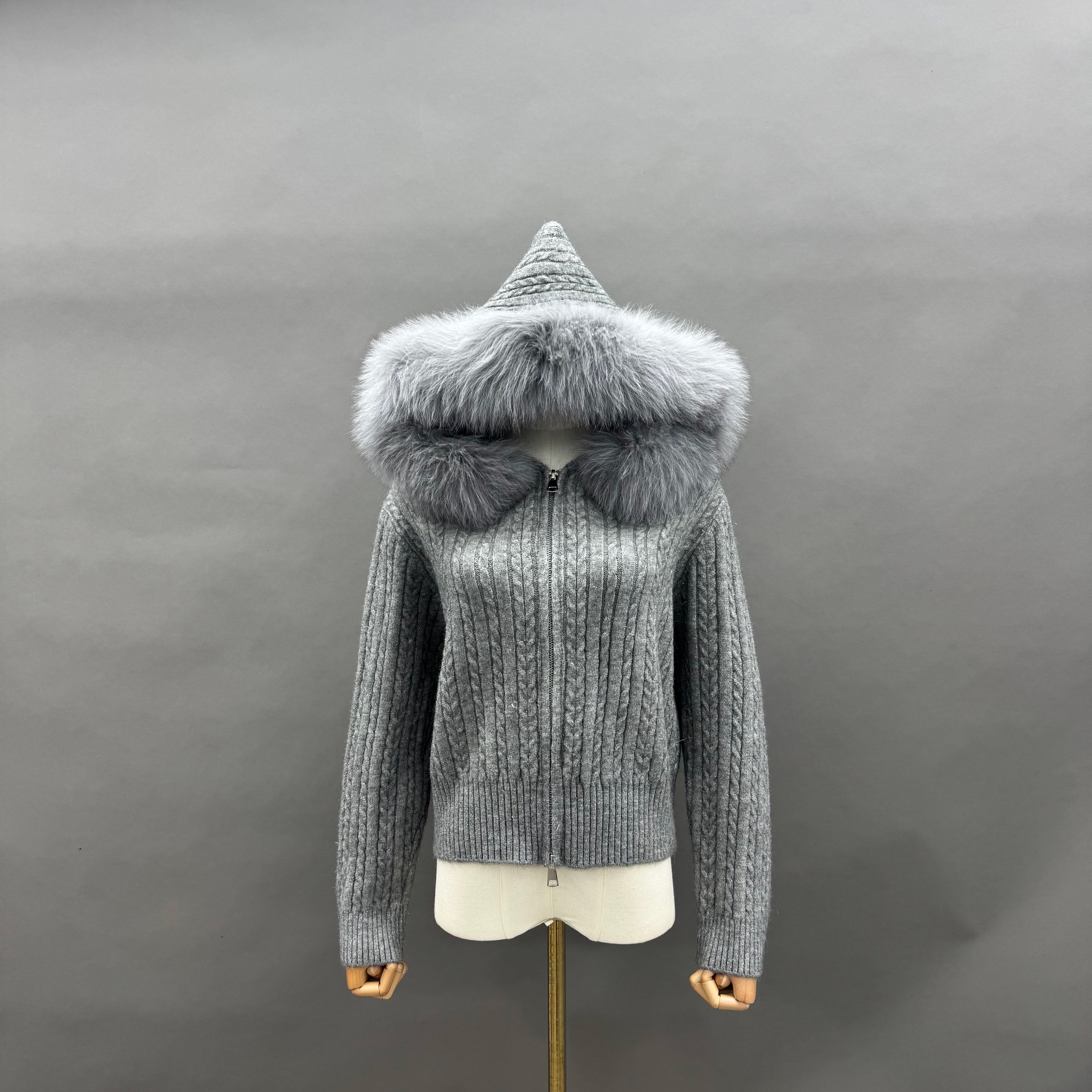 Women’s Burgundy Sheep Wool Knit Hoodie with Real Fox Fur Trim – Full-Zip Winter Sweater Coat for Elegant Fashion 5#Grey F-CHEST 104