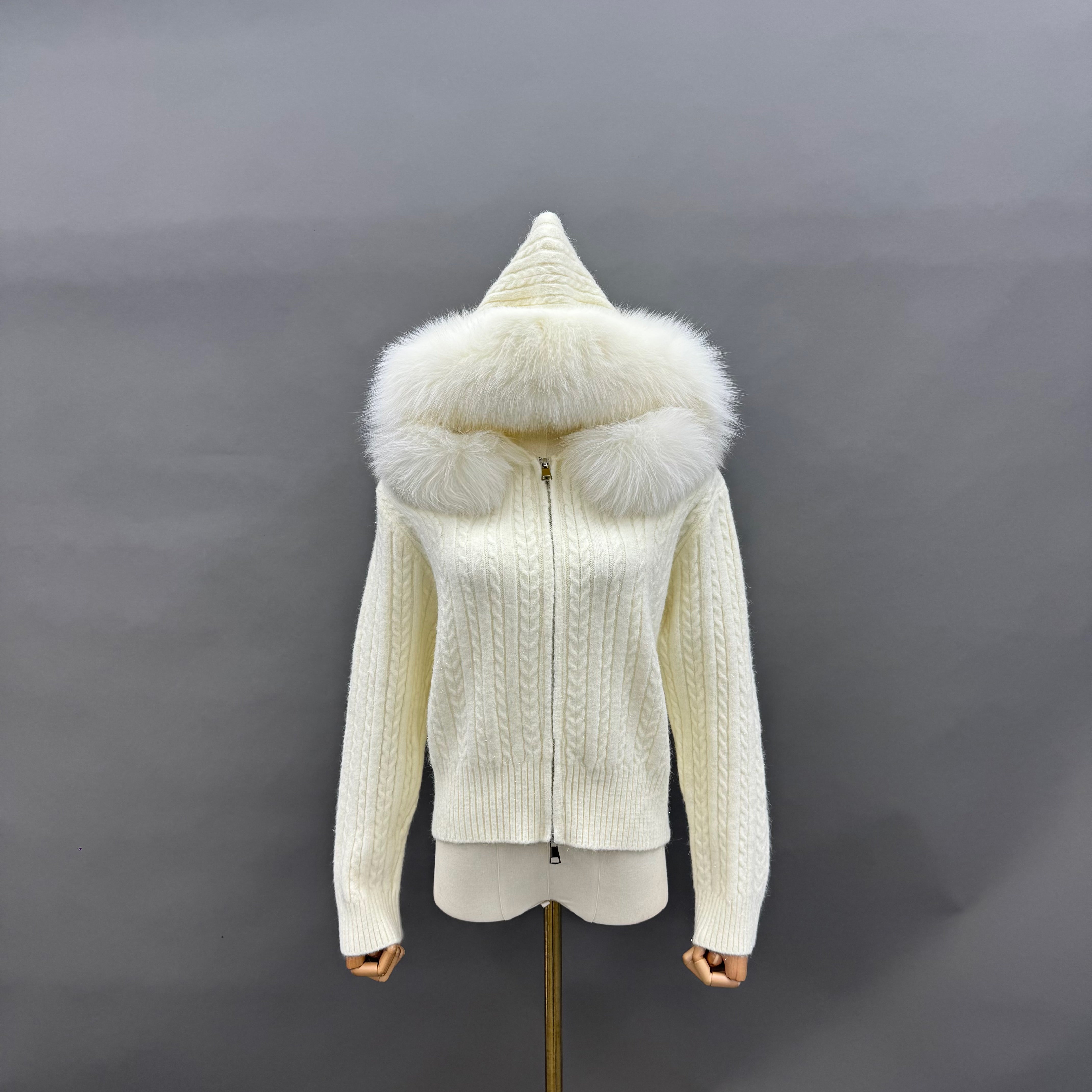 Women’s Burgundy Sheep Wool Knit Hoodie with Real Fox Fur Trim – Full-Zip Winter Sweater Coat for Elegant Fashion 6#White F-CHEST 104