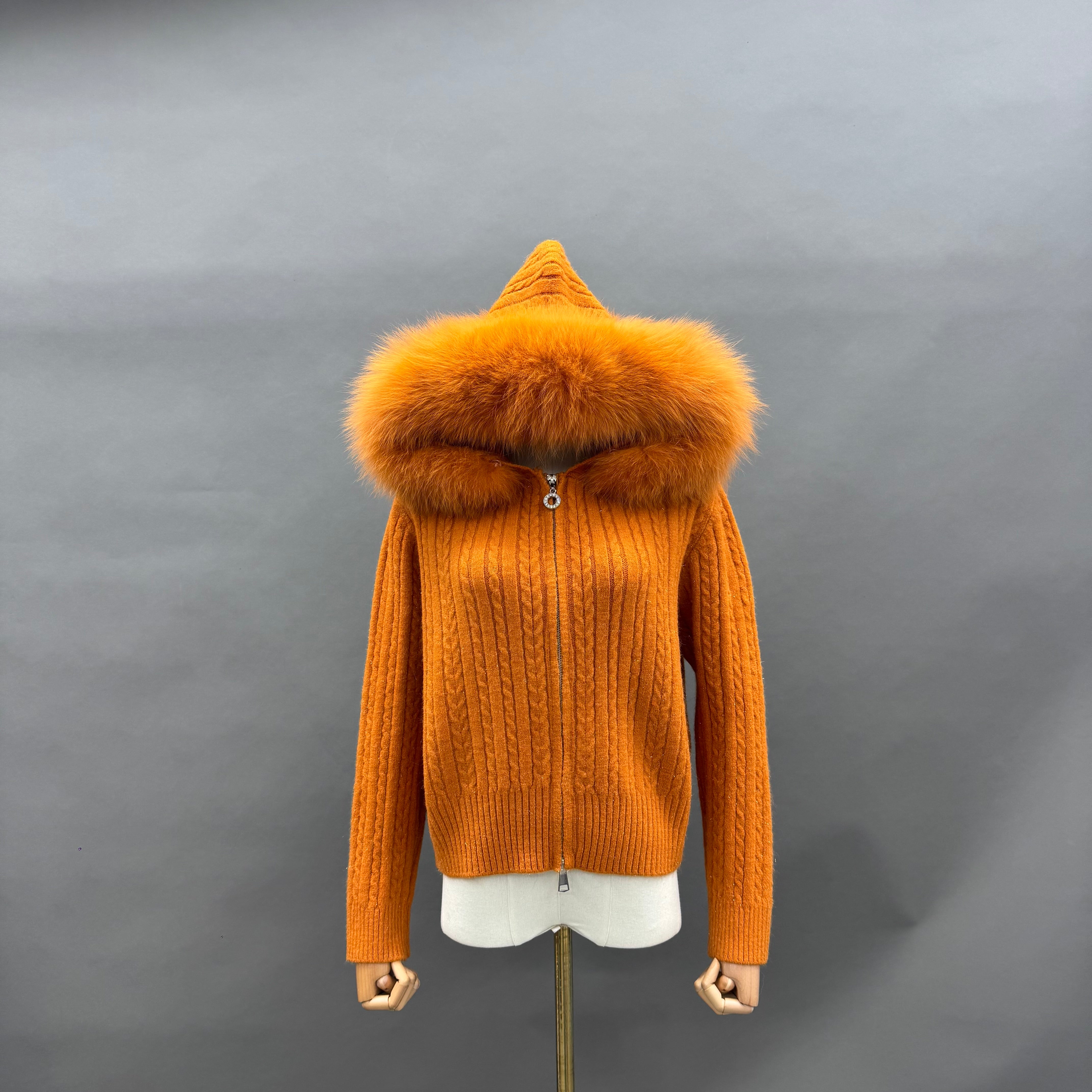 Women’s Burgundy Sheep Wool Knit Hoodie with Real Fox Fur Trim – Full-Zip Winter Sweater Coat for Elegant Fashion 7#Burnt Orange F-CHEST 104