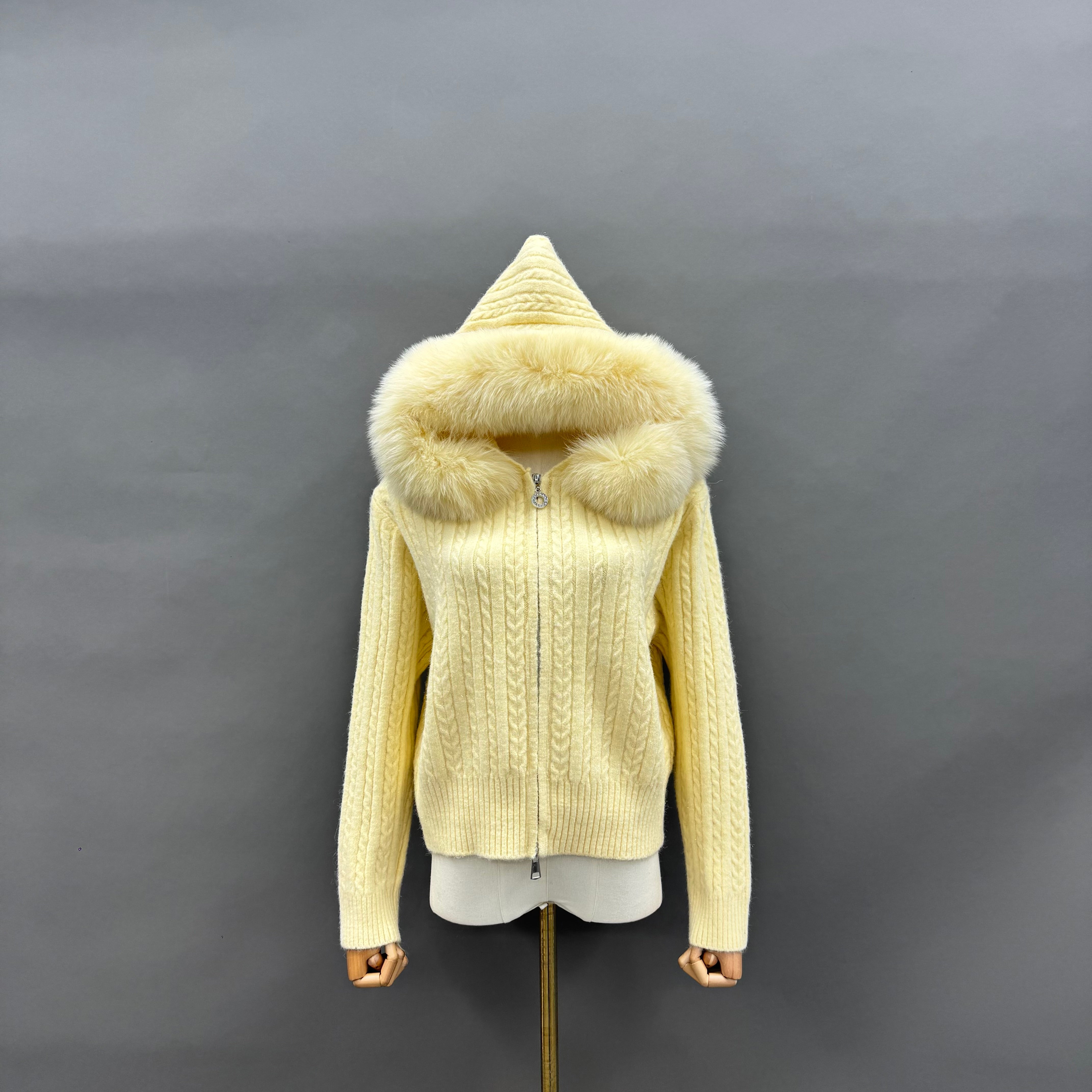 Women’s Burgundy Sheep Wool Knit Hoodie with Real Fox Fur Trim – Full-Zip Winter Sweater Coat for Elegant Fashion 2#Yellow F-CHEST 104