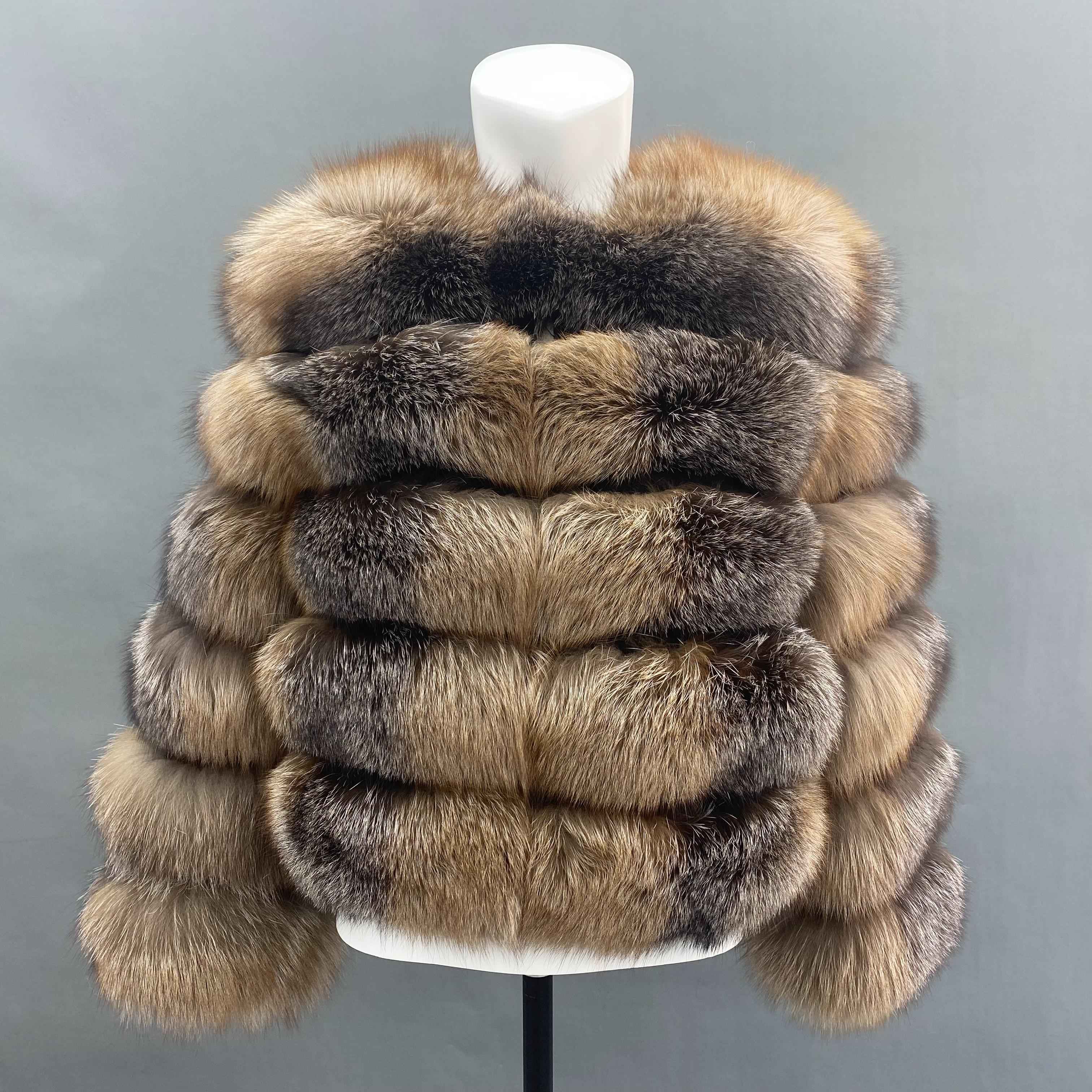 New Winter Warm Short Style Coat Real Fox Fur Women's Jacket 41# Bark Brown