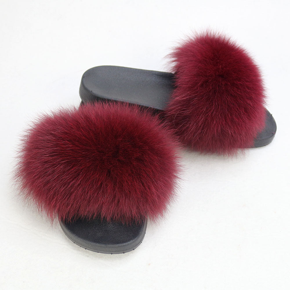 Janefur Wholesale Women's Fashion Slippers With Real Fox Fur Trim (Black, Gold, Silver Soles)